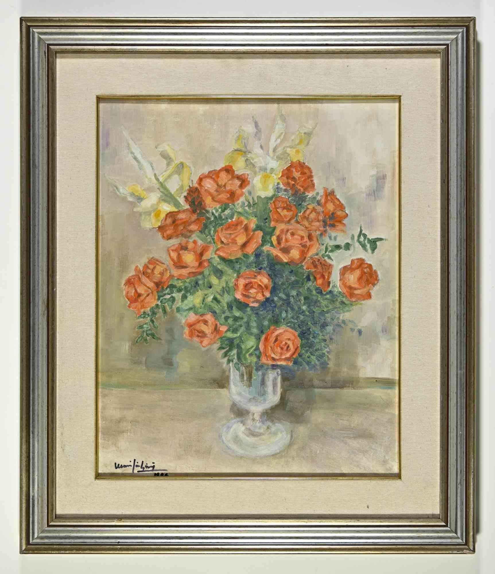 Unknown Still-Life Painting - Flower vase - Oil Painting - Late 20th Century