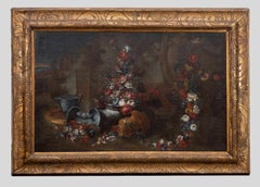 Antique Flowers in a Garden -  Oil Painting On Canvas - 19th Century