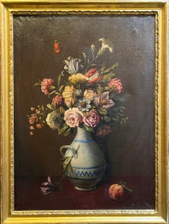 "Flores en jarrón y melocotón" - Óleo sobre lienzo - 87x63 cm