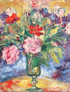 Flowers in a Vase, Signed French Mid-20th Century Oil Painting 