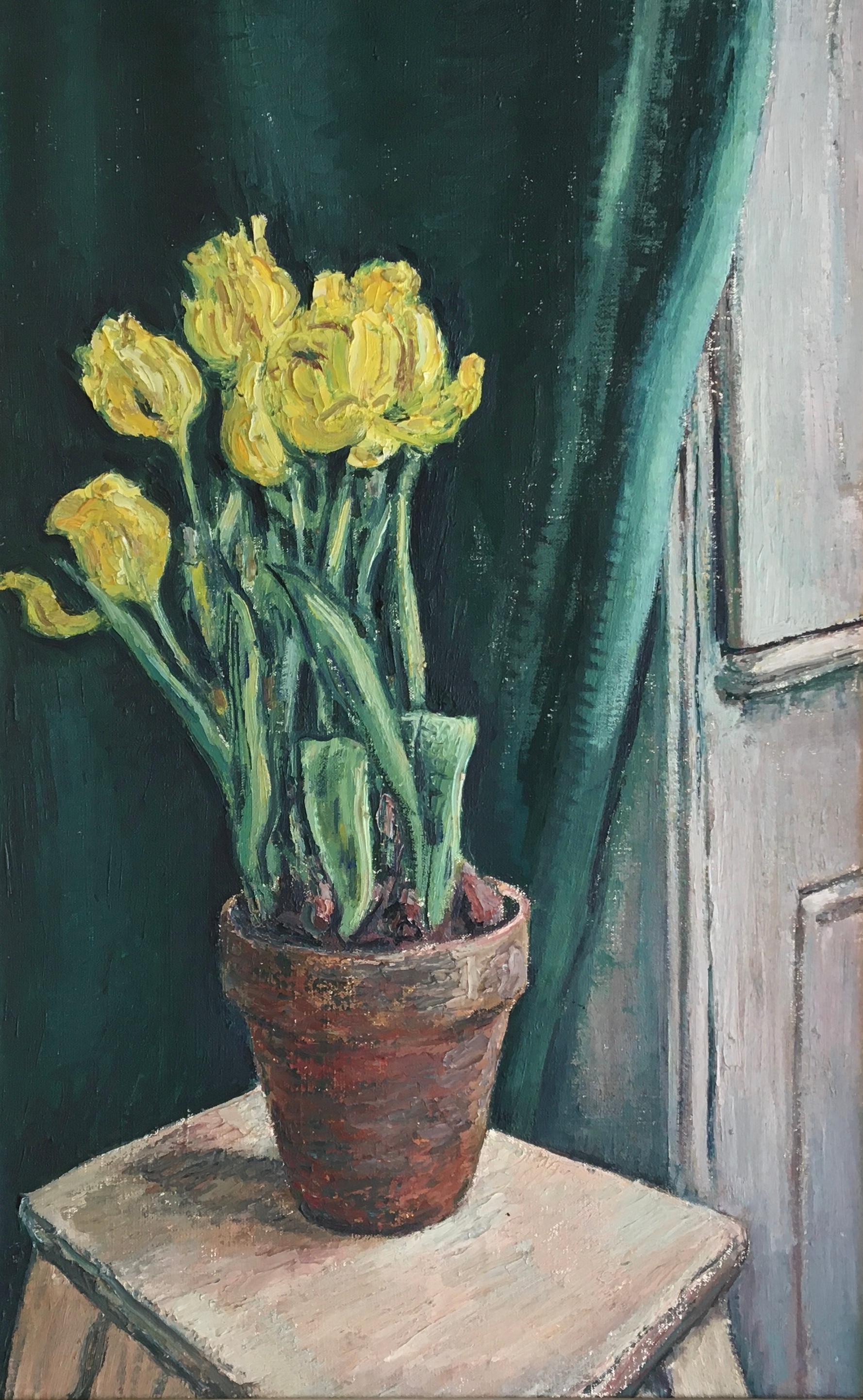 Blumen in Terrakotta-Töpfer – Stillleben, Öl auf Leinwand  (Schwarz), Still-Life Painting, von Unknown
