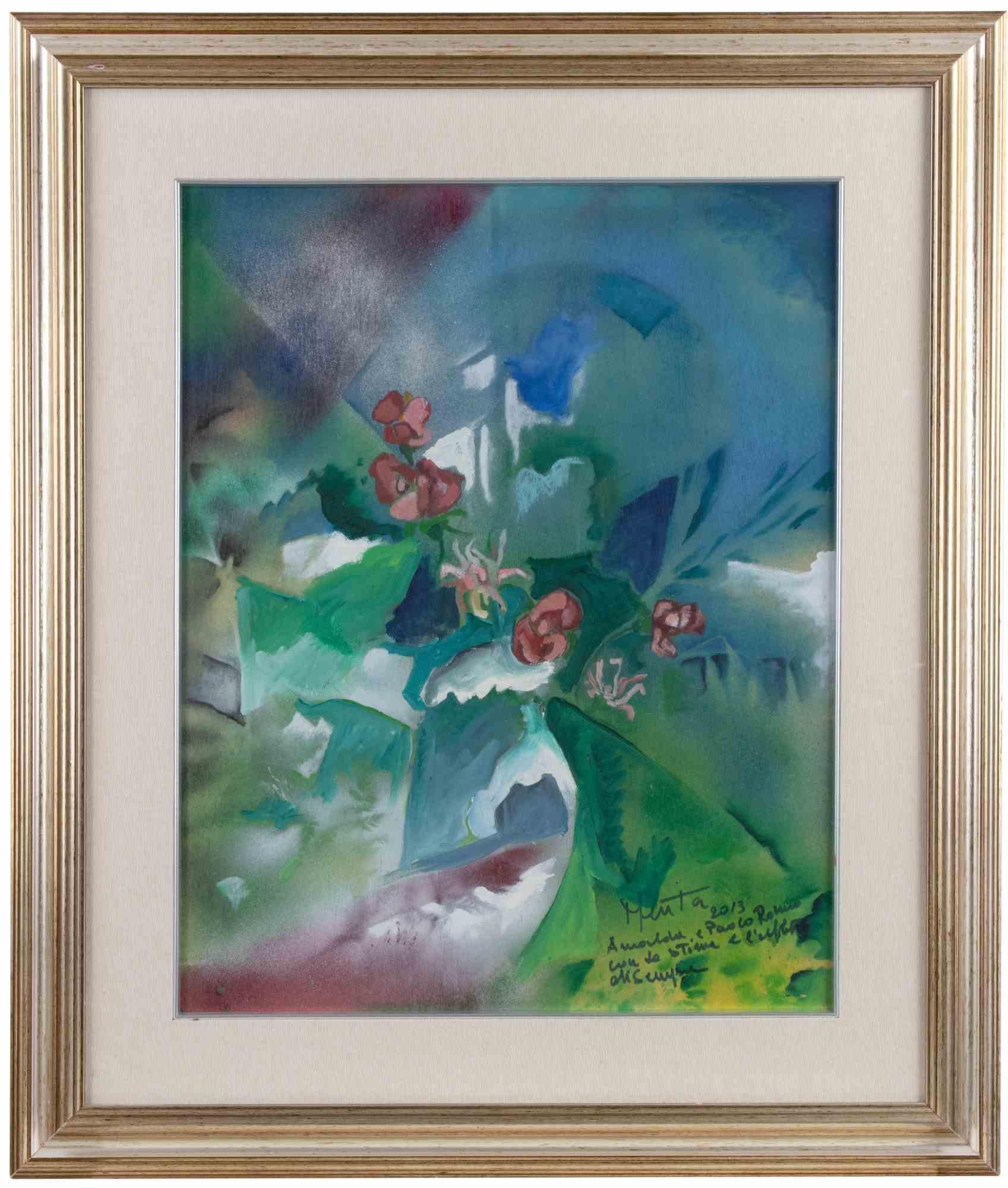 Unknown Abstract Painting - Flowers on Green Background - Oil Paint - 2013