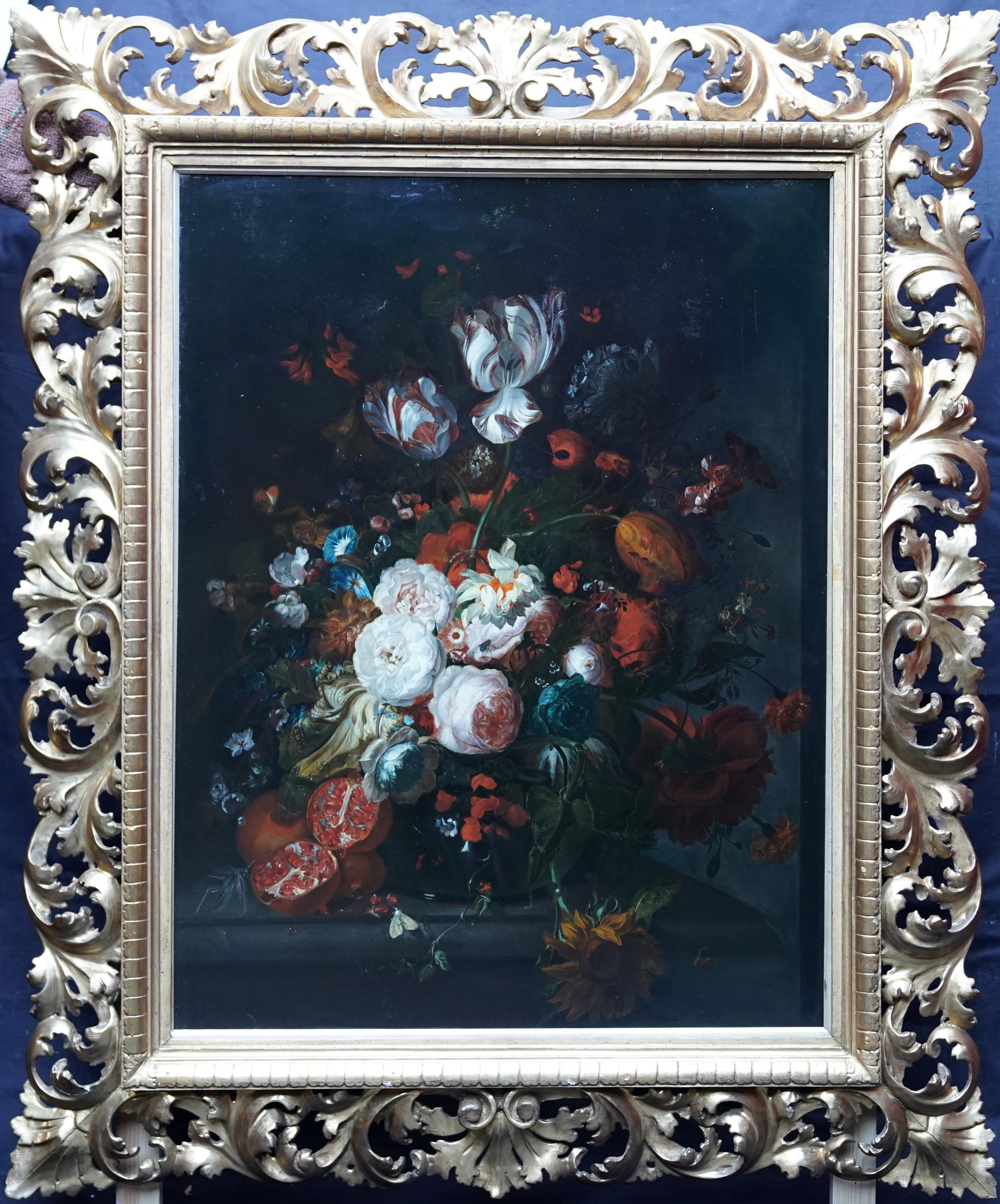 Unknown Still-Life Painting - Flowers with Pomegranate - Dutch Golden Age art floral still life oil painting