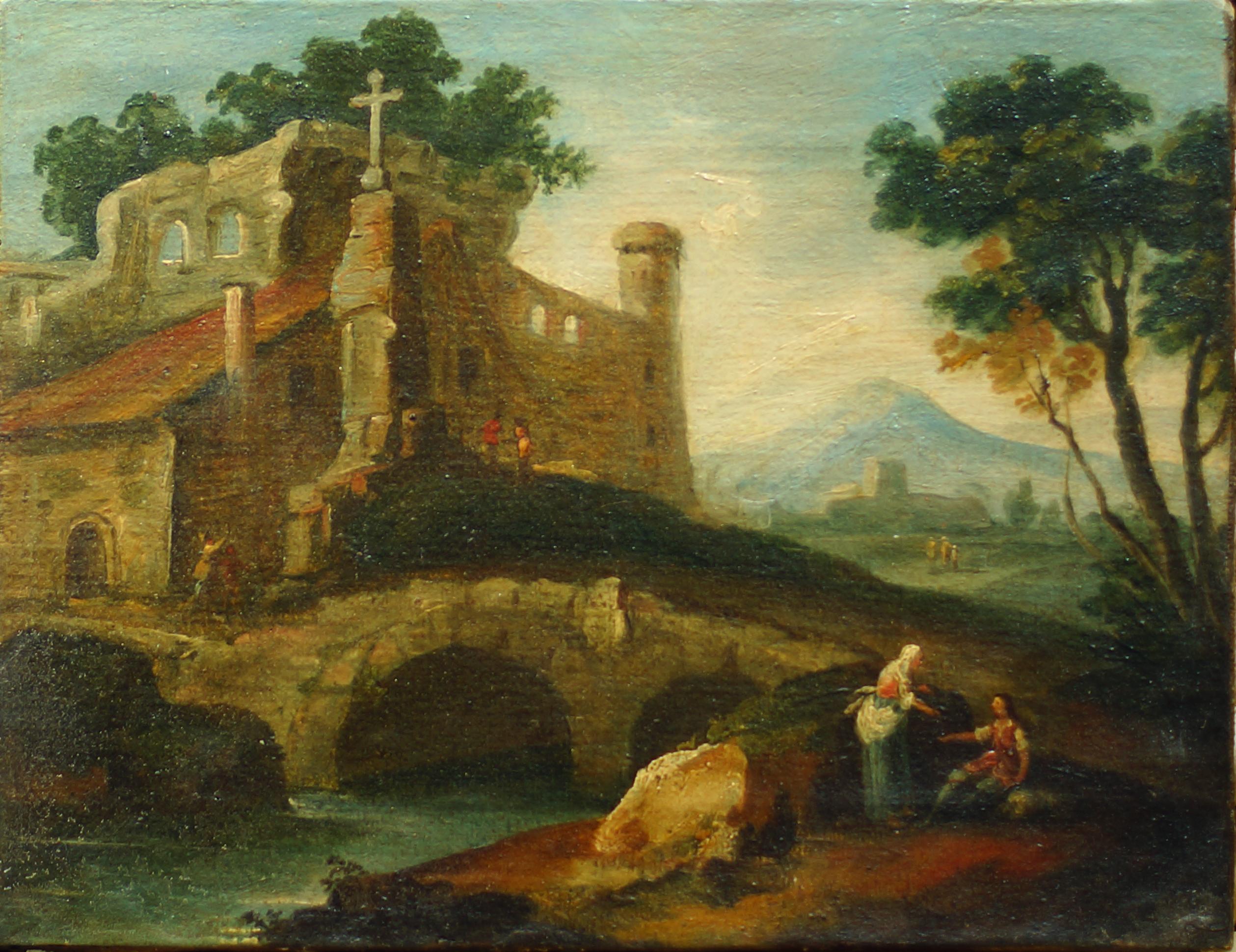 Unknown Figurative Painting - Fluvial Landscape with Bystanders - Italian School of Venice - 18th century