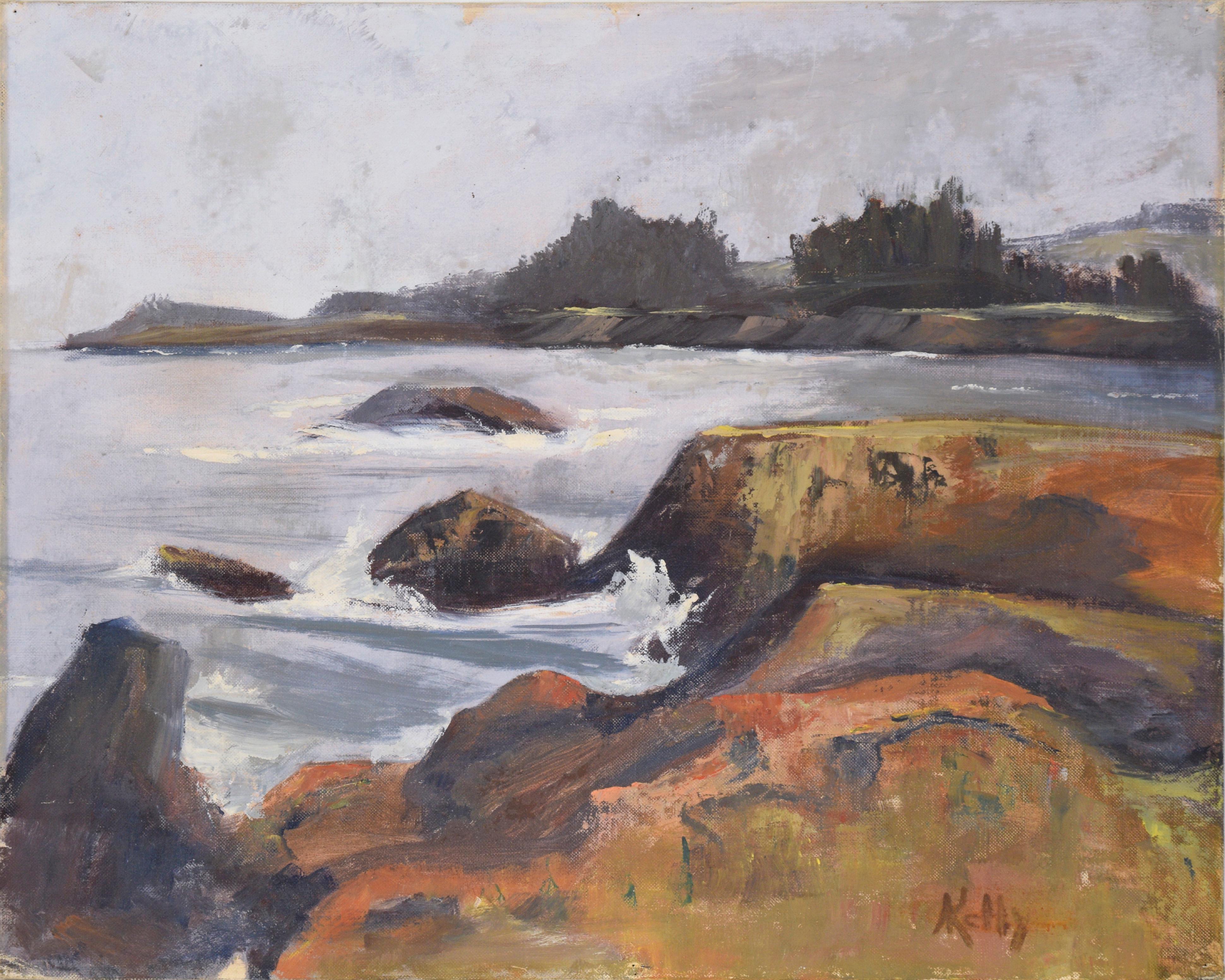 Paisaje marino costero brumoso al óleo sobre cartón ilustración - Painting impresionista estadounidense de Unknown