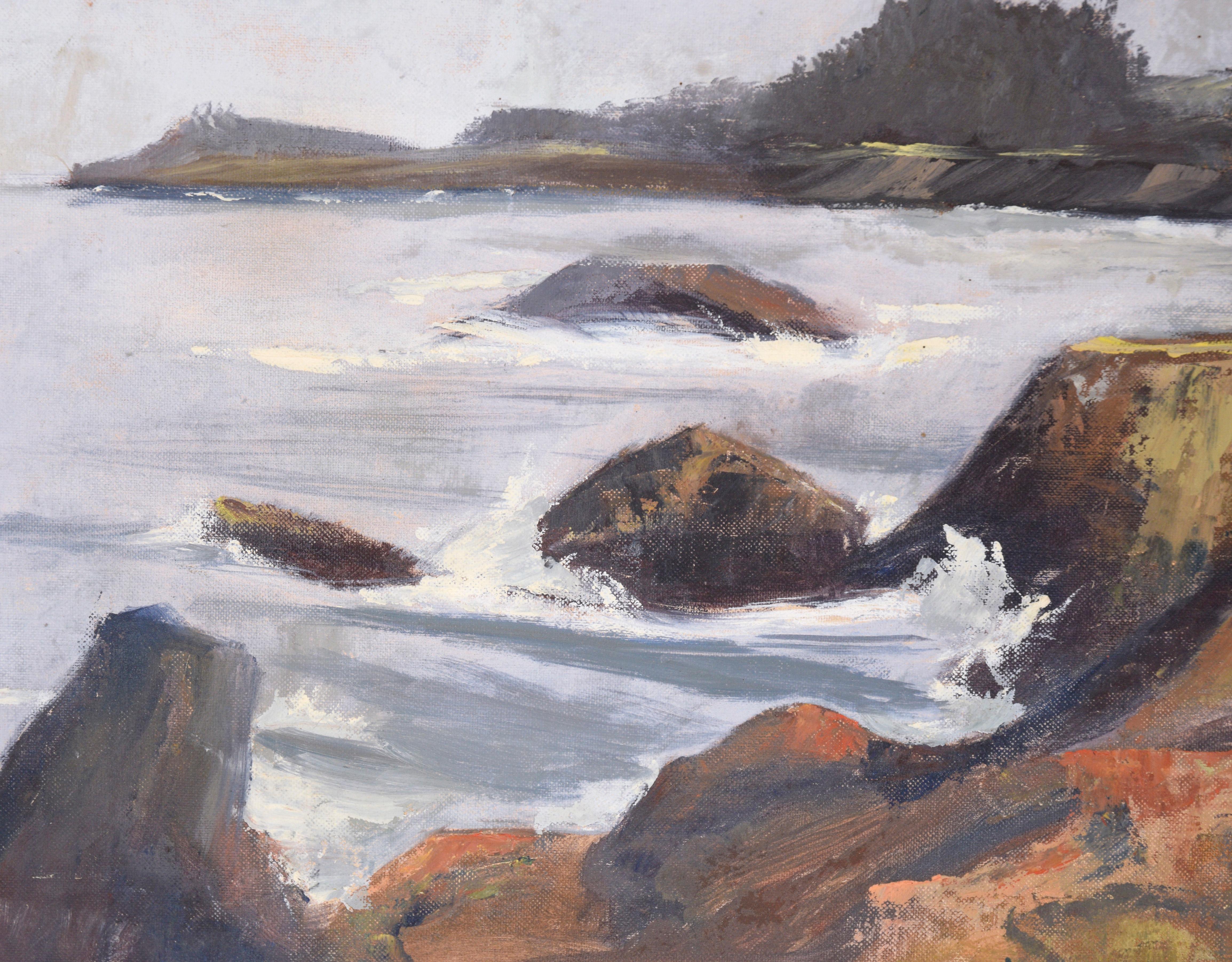 Foggy Coastal Seascape in Oil on Illustration Board For Sale 3