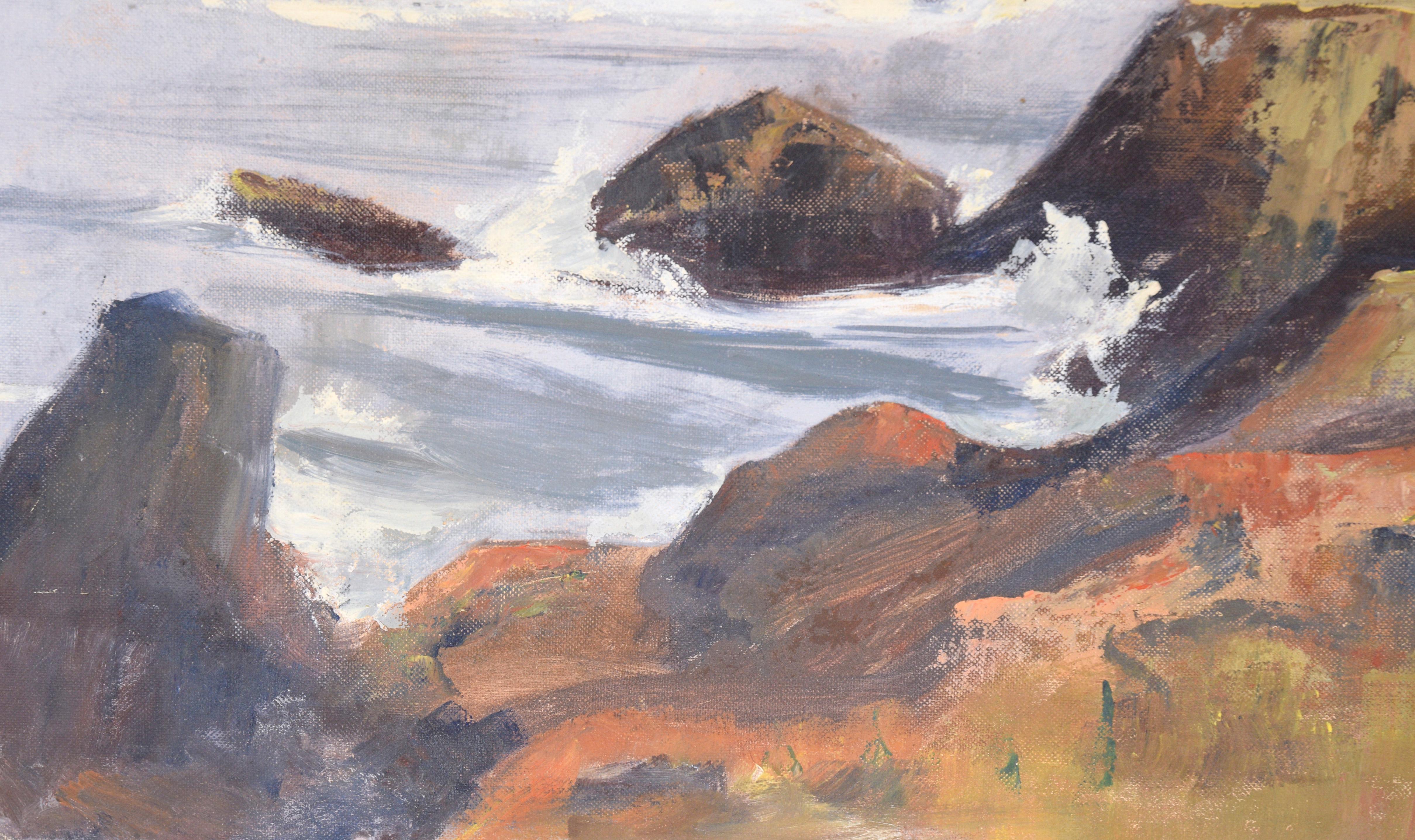 Foggy Coastal Seascape in Oil on Illustration Board For Sale 4
