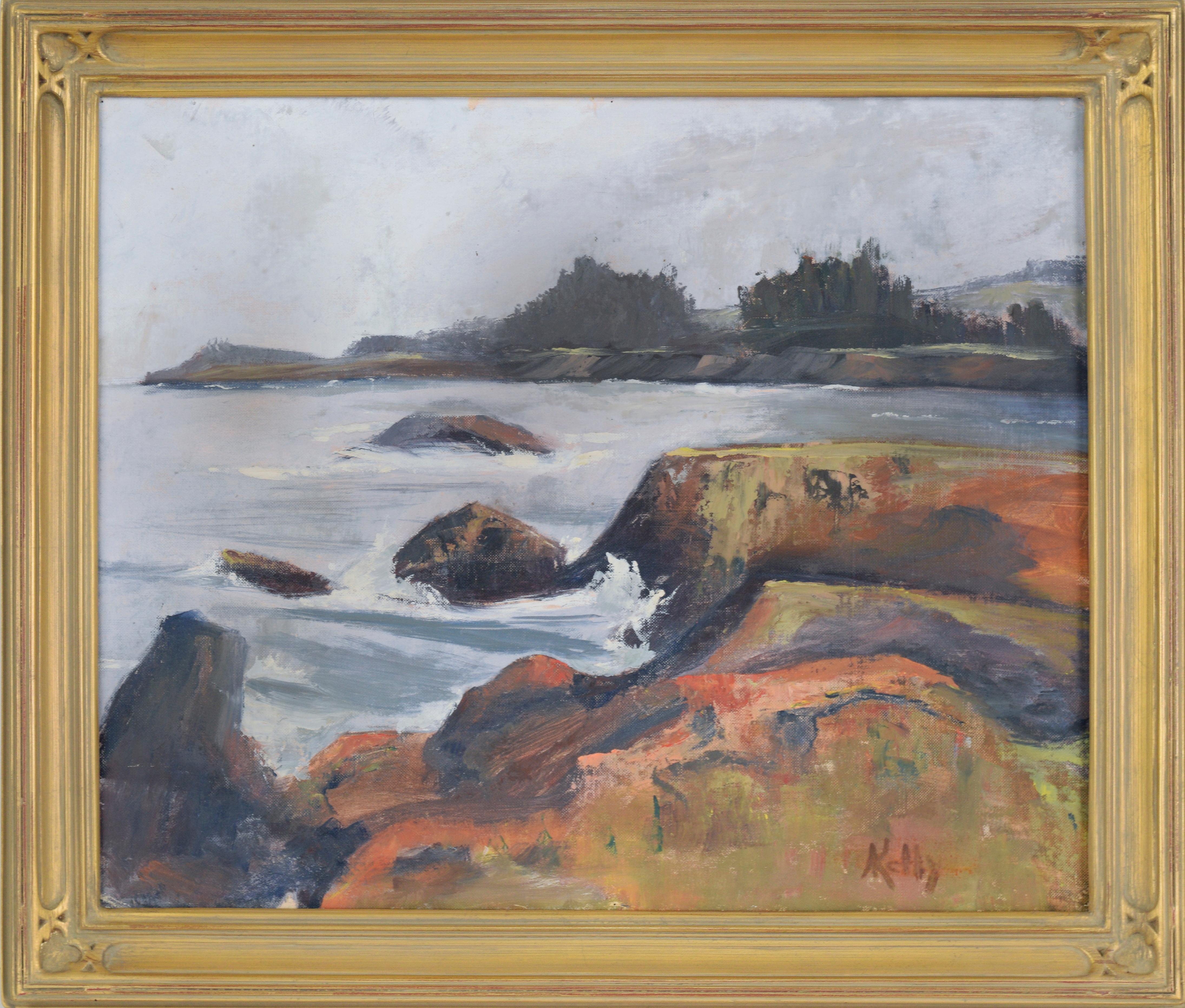 Unknown Landscape Painting - Foggy Coastal Seascape in Oil on Illustration Board