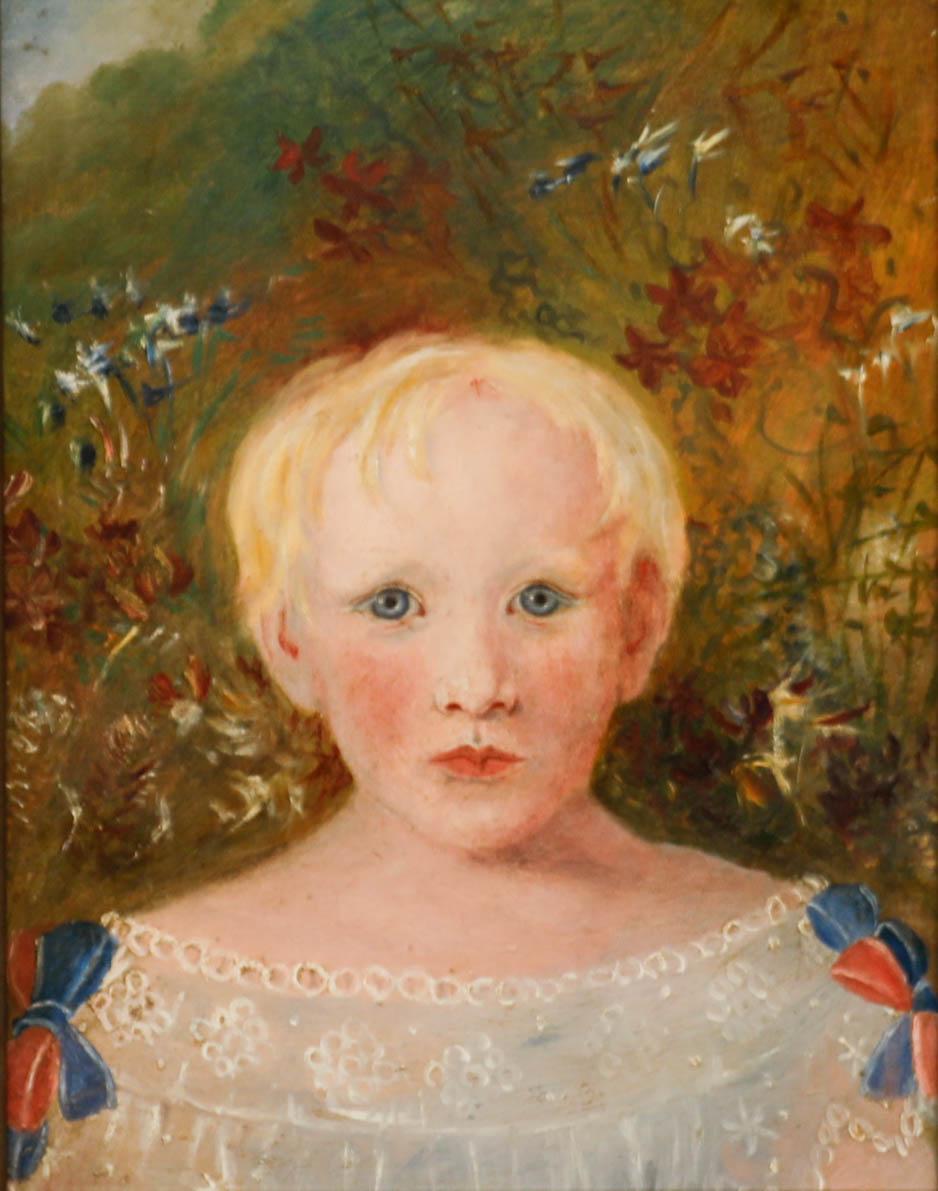 Volkskunst des 19. Jahrhunderts Öl - Kind unter Wildblumen – Painting von Unknown
