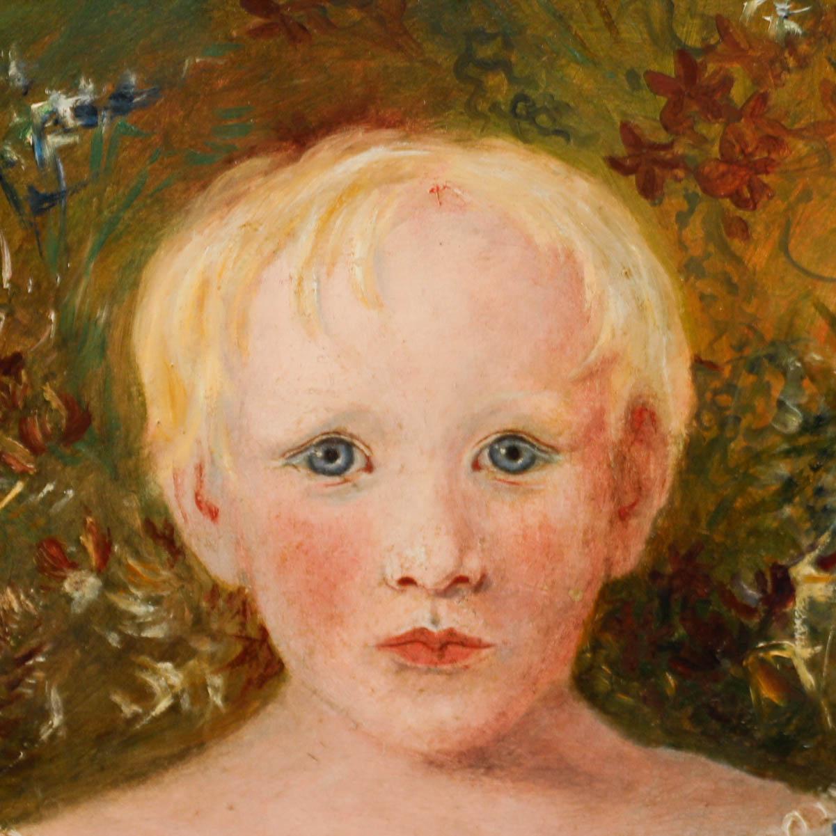 Volkskunst des 19. Jahrhunderts Öl - Kind unter Wildblumen (Schwarz), Portrait Painting, von Unknown