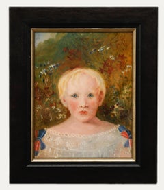 Folk Art 19th Century Oil - Child Amongst Wildflowers
