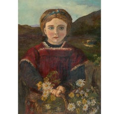 Folk Art 19th Century Oil - Portrait of a Girl with Meadow Flowers