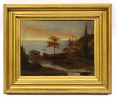 Folk Art American Hudson River School Landscape Figures Homes Rare 19th Century