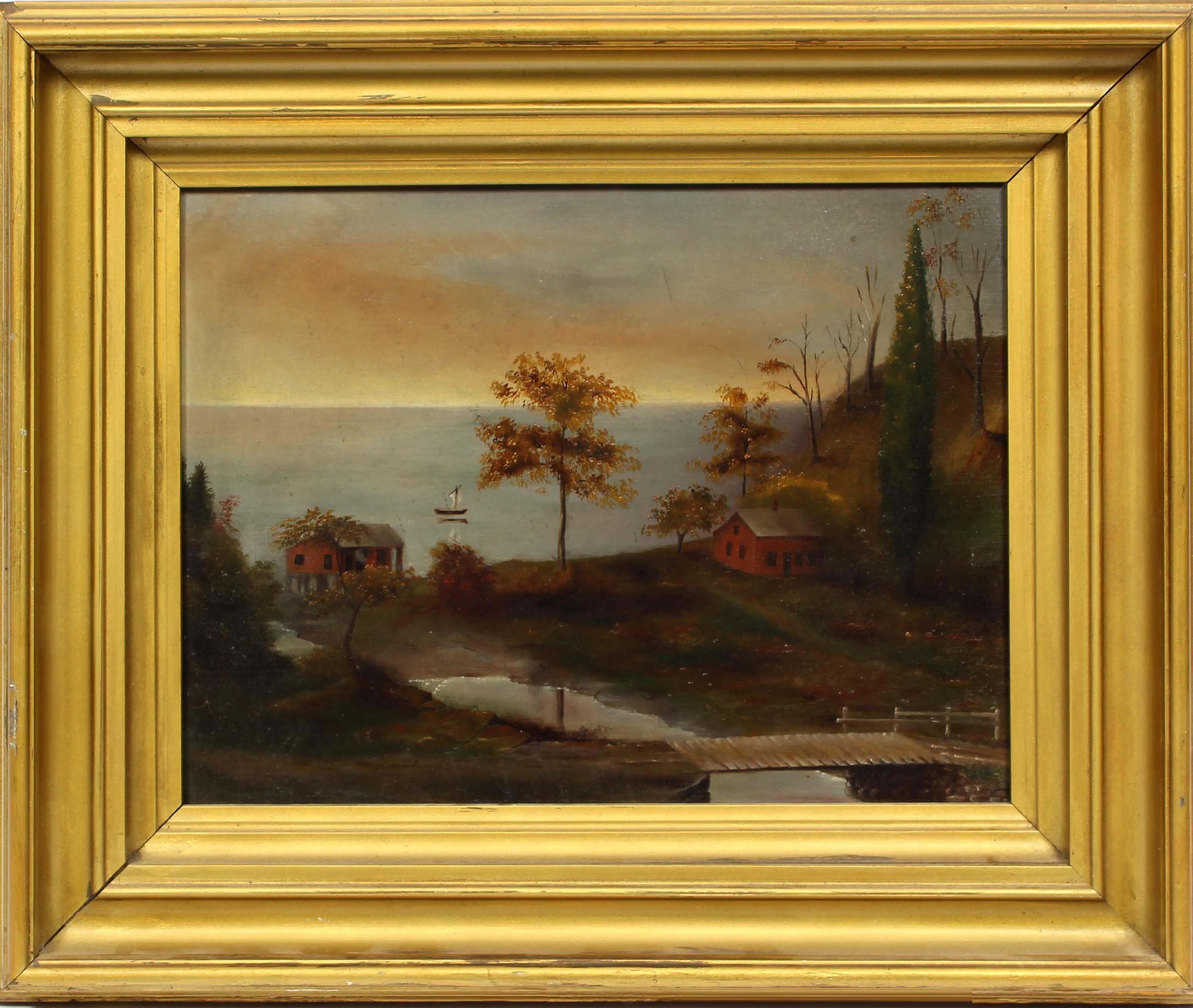 Folk Art American Hudson River School Landscape Figures Homes Rare 19th Century