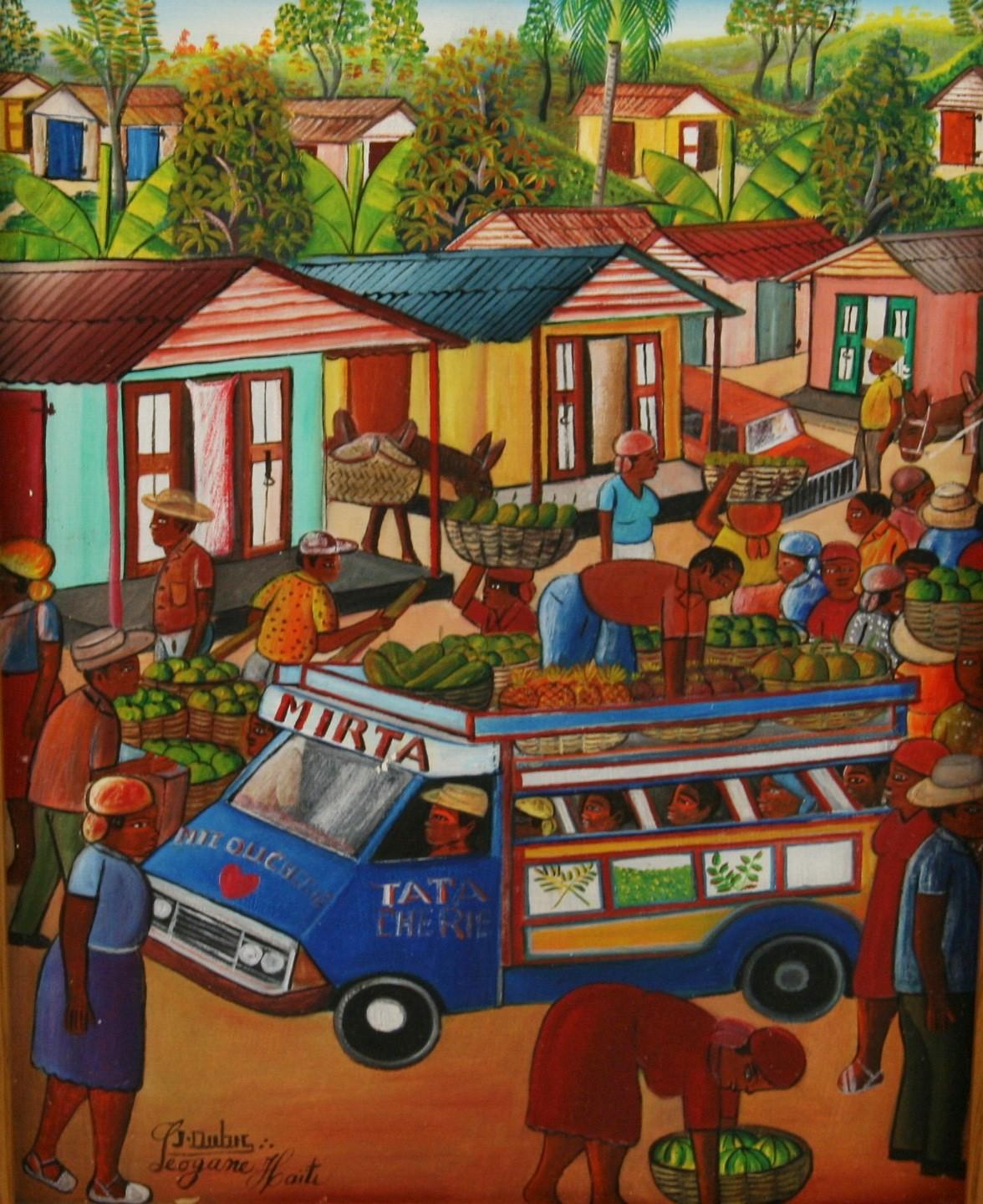 3817 Folk art Caribbean farmers market painting in an oak frame