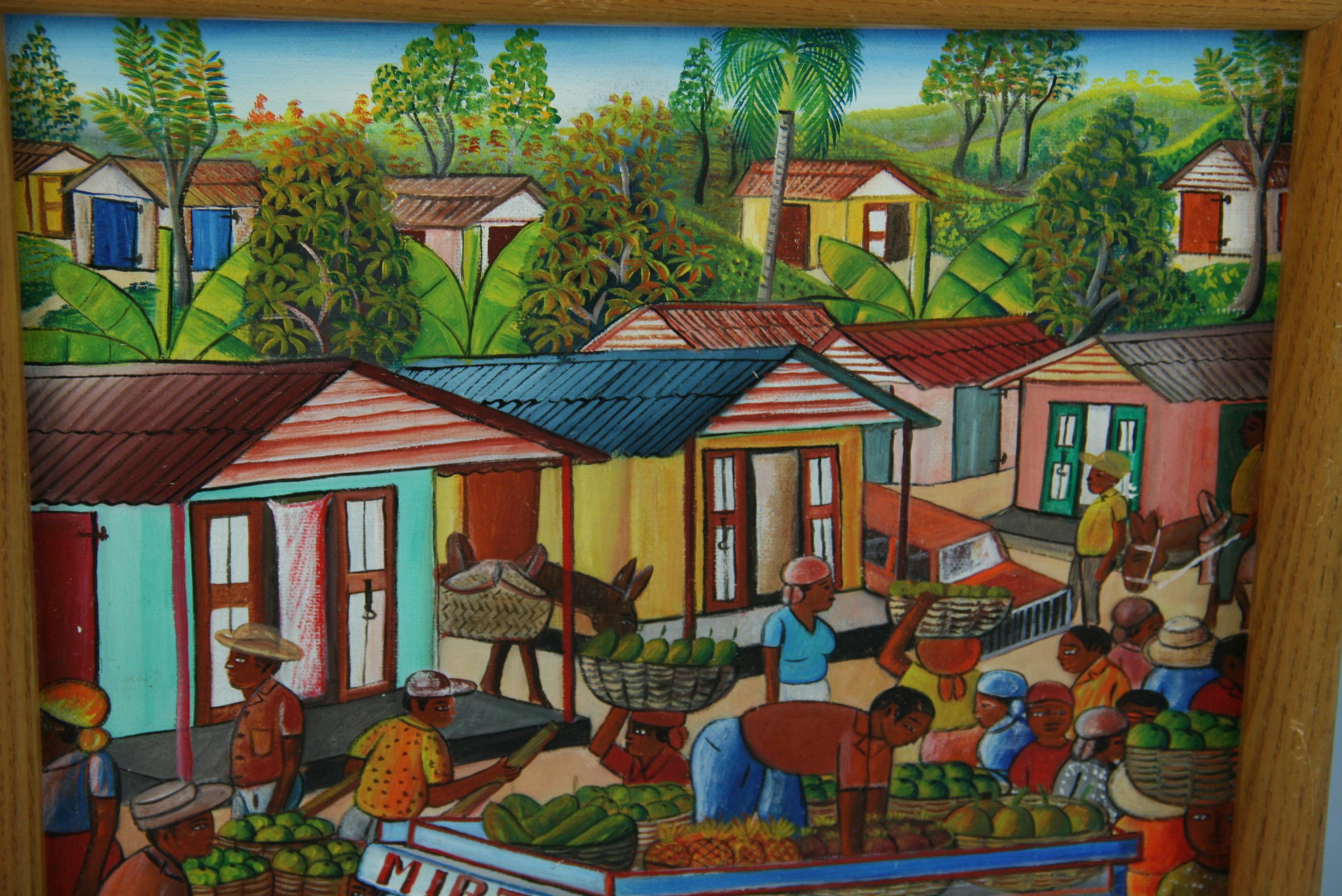 5032 Folk art Caribbean farmers market painting in an oak frame