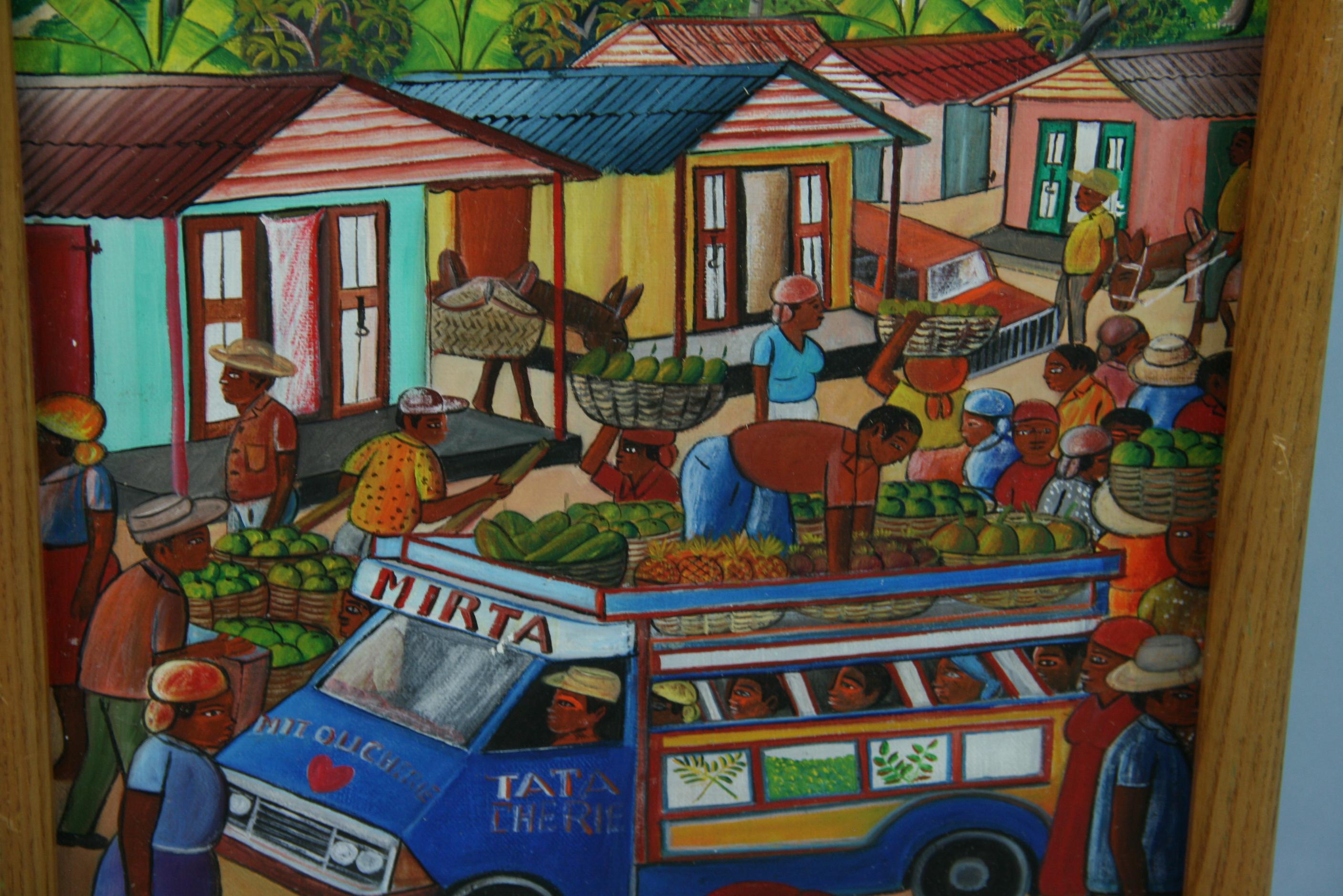 Folk Art Caribbean Market Landscape Oil Painting By Leogane For Sale 1