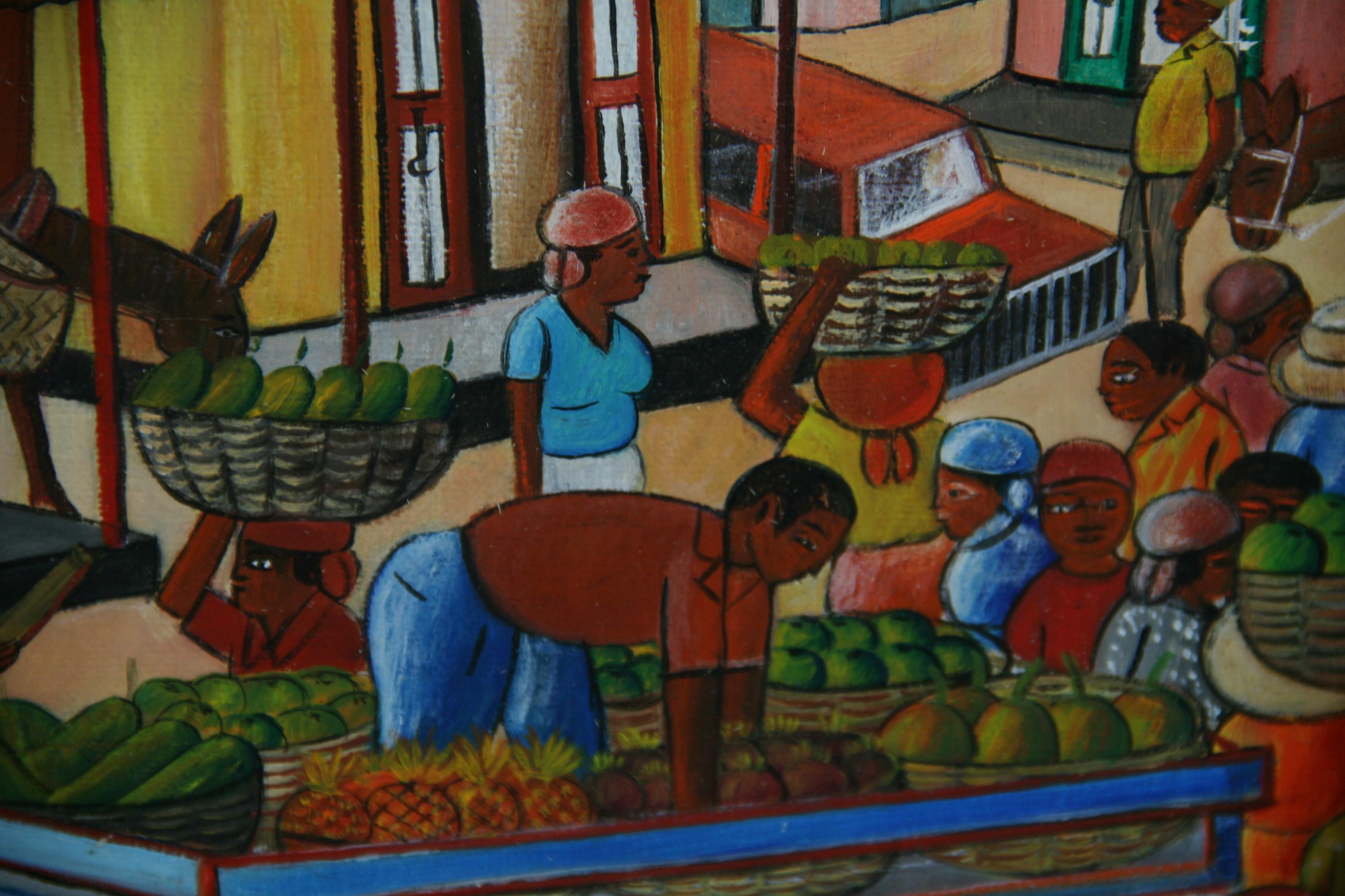 Folk Art Caribbean Market Landscape Oil Painting By Leogane For Sale 3