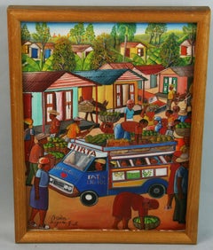 Folk Art Caribbean Market Landscape Oil Painting By Leogane