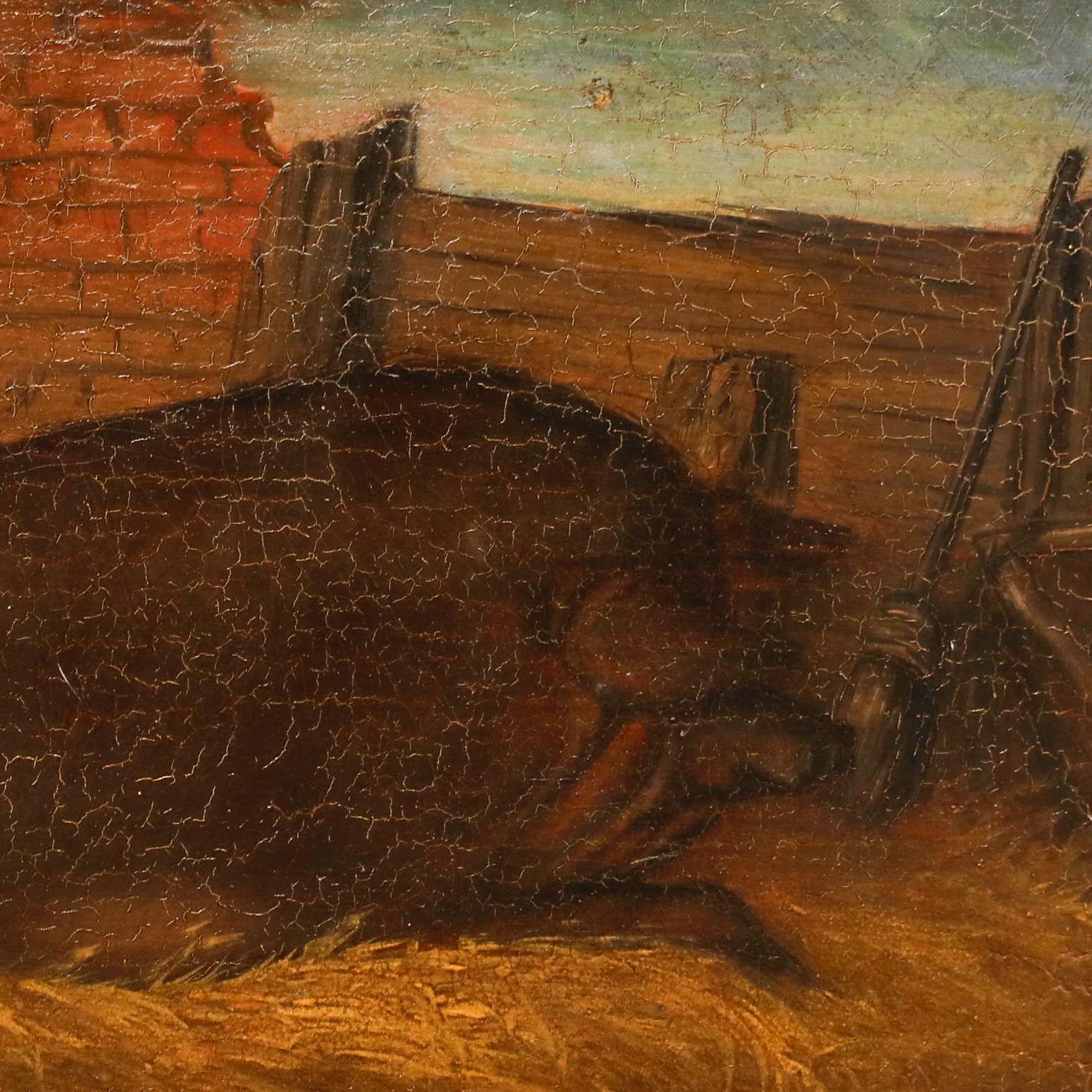 Este encantador cuadro de arte popular representa a un Negro Grande premiado tumbado cómodamente en una pocilga recién acostado. El óleo está bien presentado en un bonito marco dorado. Sin firmar. En el panel.