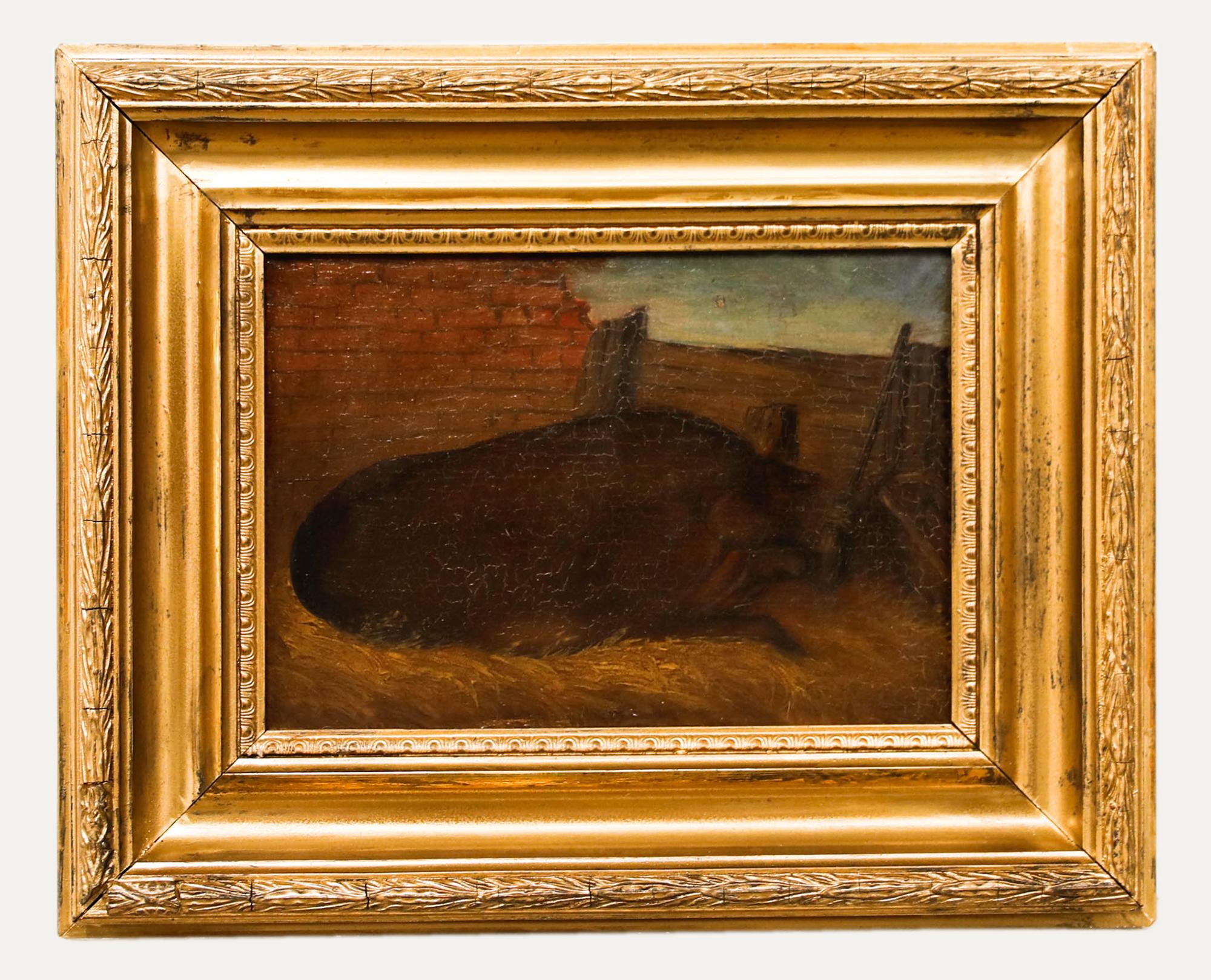 Figurative Painting de Unknown - Óleo de arte popular de principios del siglo XX - Cerdo negro grande