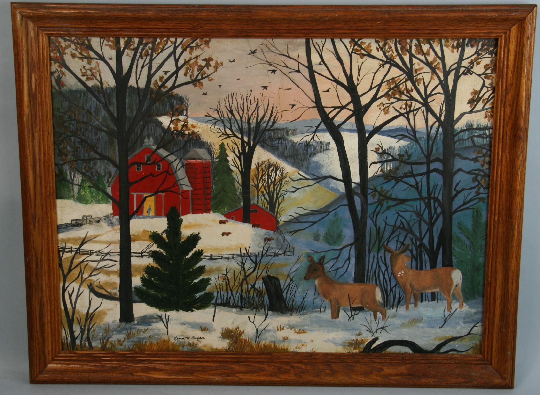 Unknown Landscape Painting - Folk Art Farmhouse Landscape oil Painting by Leona McLaughtin 1950