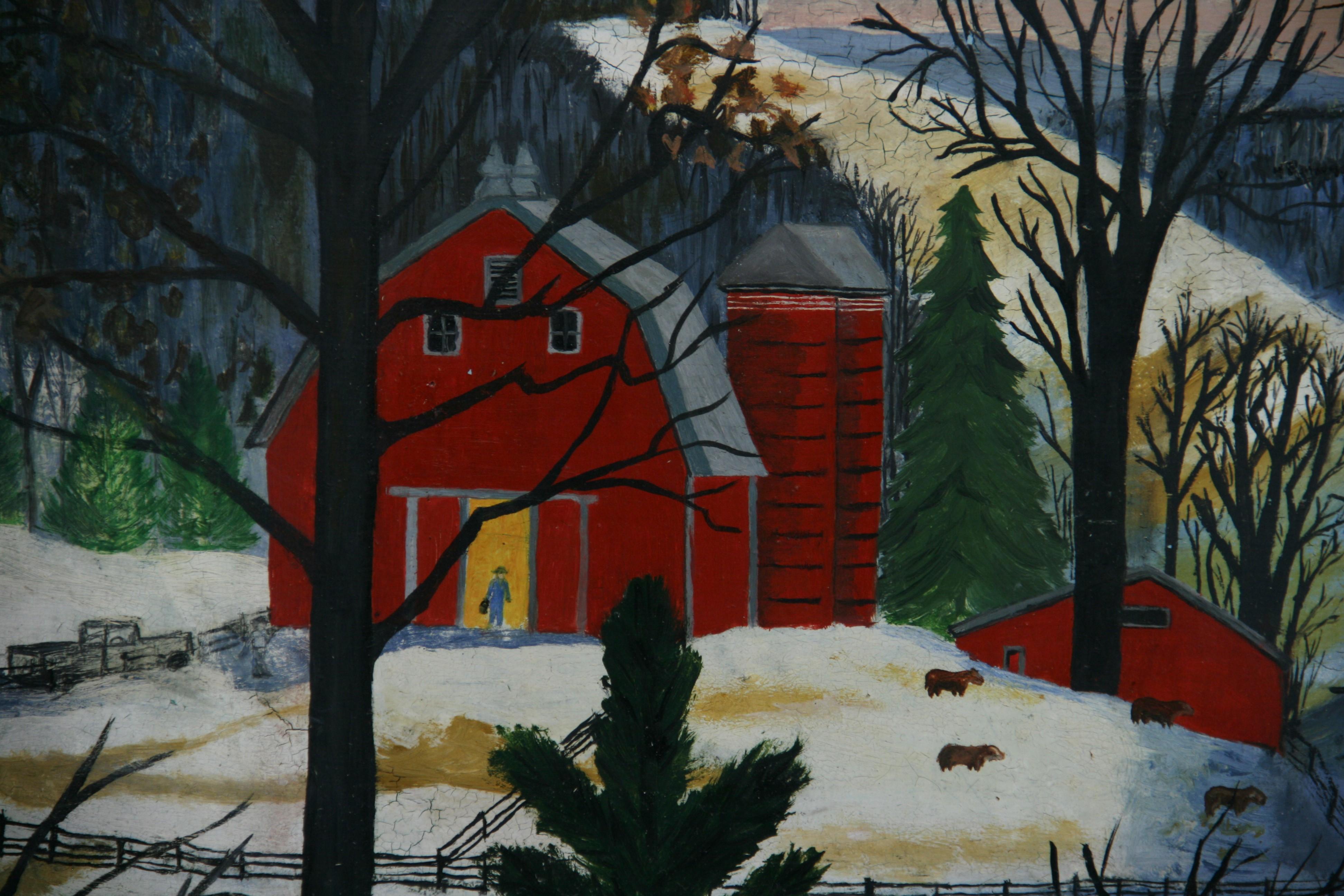 Folk Art Farmhouse Landscape oil Painting by Leona McLaughtin 1950 - Black Landscape Painting by Unknown