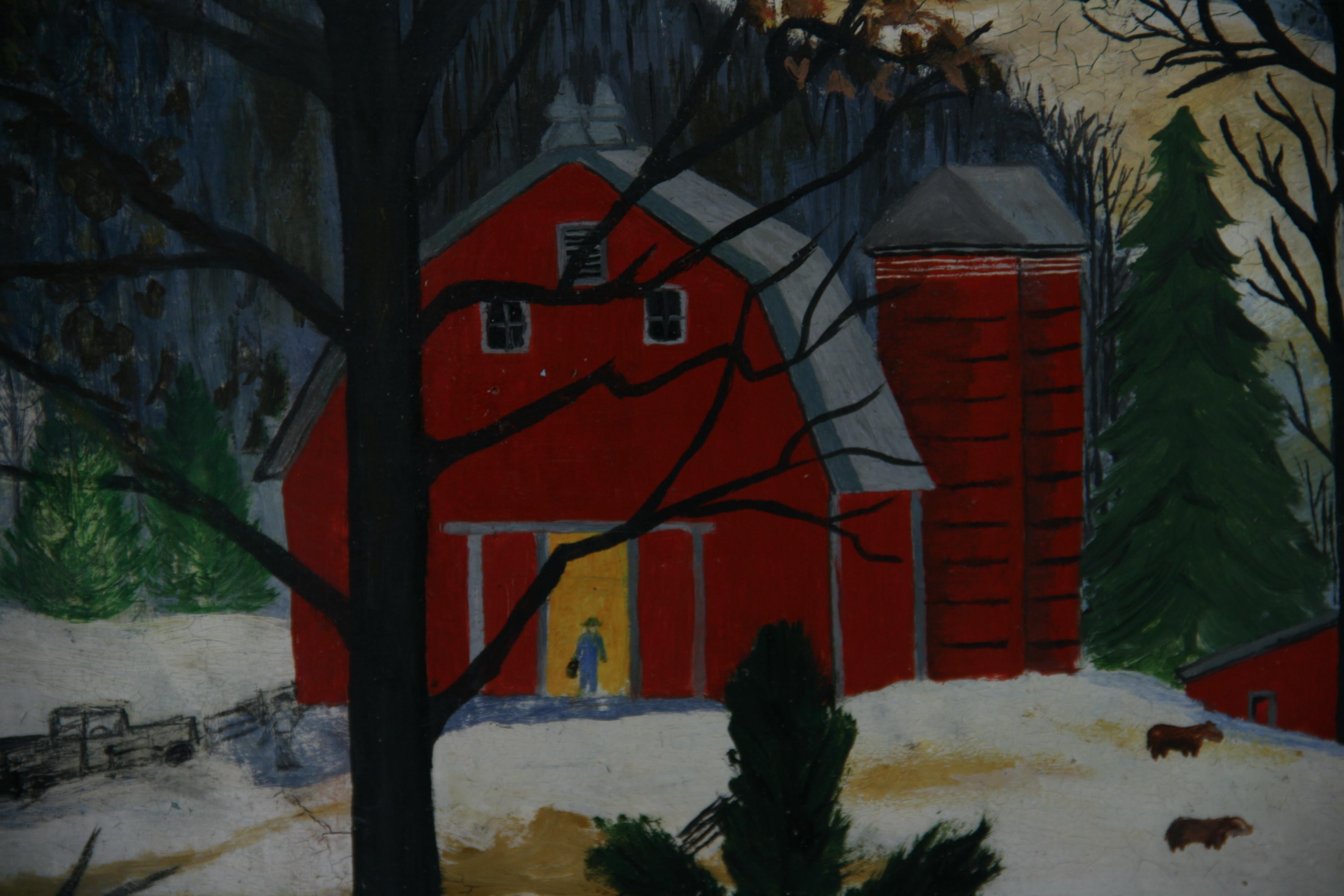 Folk Art Farmhouse Landscape oil Painting by Leona McLaughtin 1950 4