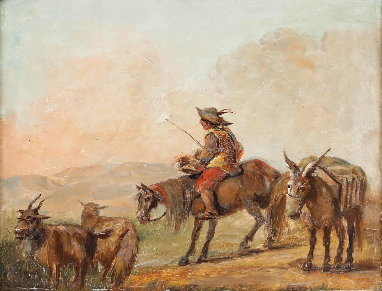 Folk Art Late 19th Century Oil - Herding Goats - Painting by Unknown