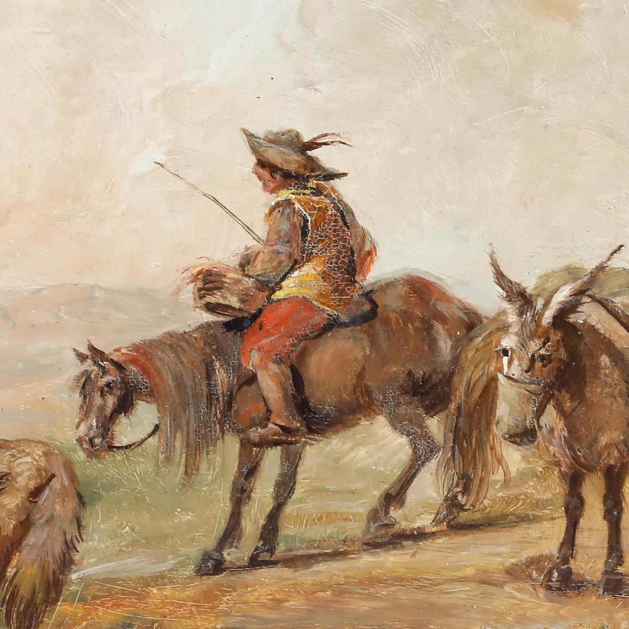 This small painting, housed in an ornate gilt effect frame, depicts a rural scene with a lowly hill farmer, his donkeys and goats. The composition draws the eye across the horizontal plane, with the warm, muted tones of the sky and earth creating a