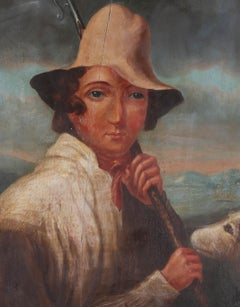 Folk Art Late 19th Century Oil - Shepherd & His Dog