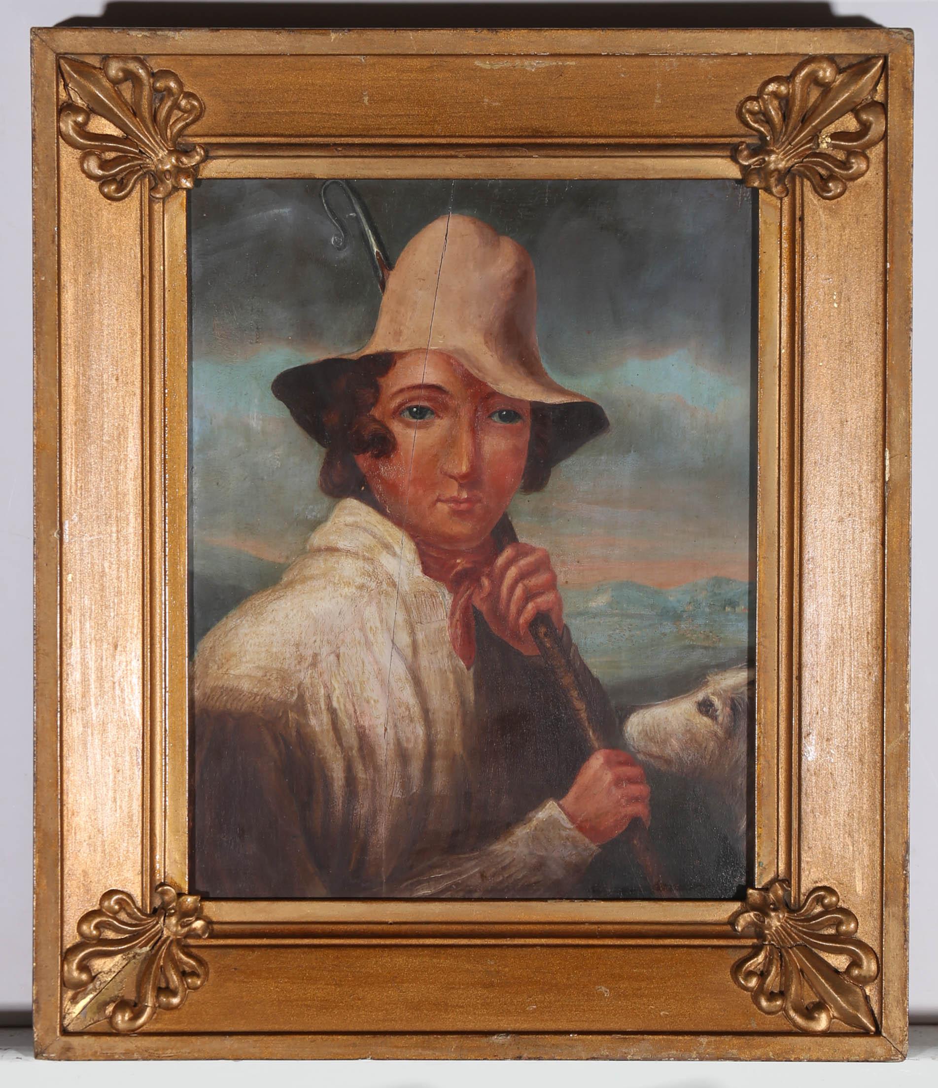 A charming early 19th century folk art portrait in oil, showing a young shepherd alongside his loyal dog and trusted crook in a highland landscape. The sitter is wearing his every day attire, including a shepherd's hat and neckerchief, and is