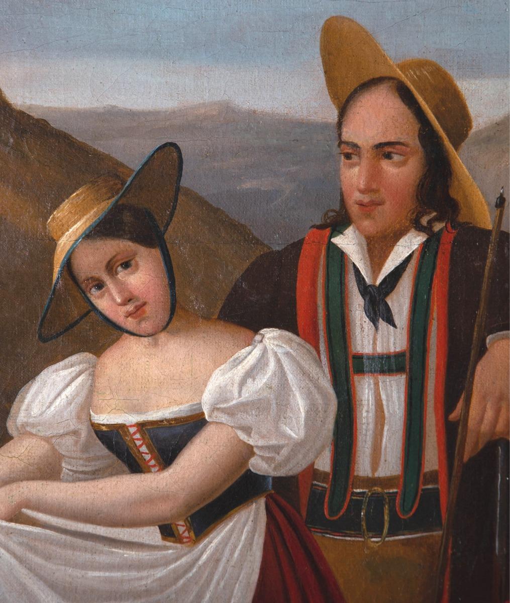 Folk Art Mid 19th Century Oil - Swiss Peasants - Painting by Unknown