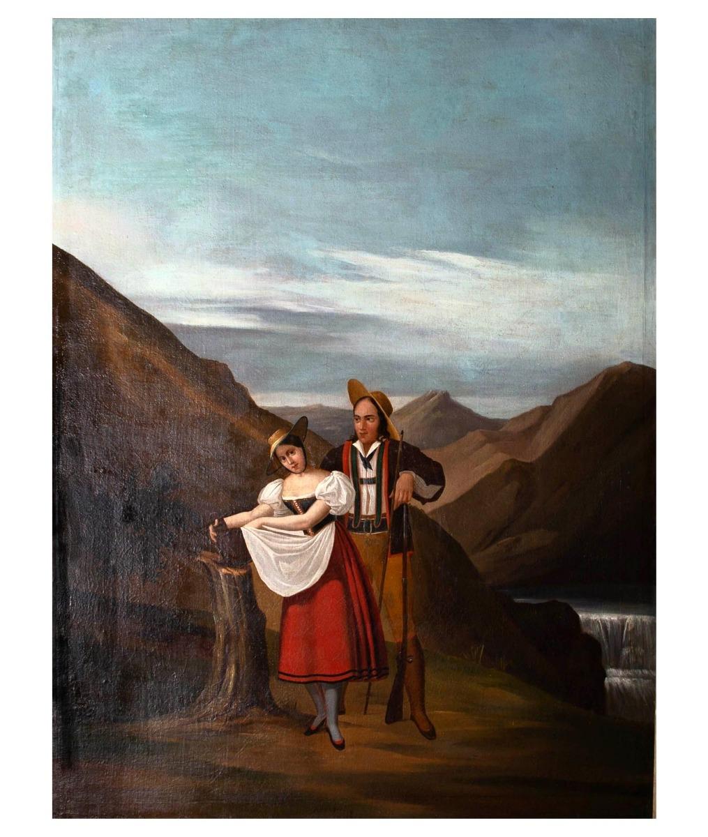A truly unique and engaging piece of European Folk Art from the mid 19th Century. This vibrant and crisp scene shows two smartly dressed peasants standing in an expansive, beautiful Swiss mountain landscape. The man wears lederhosen and is leaning
