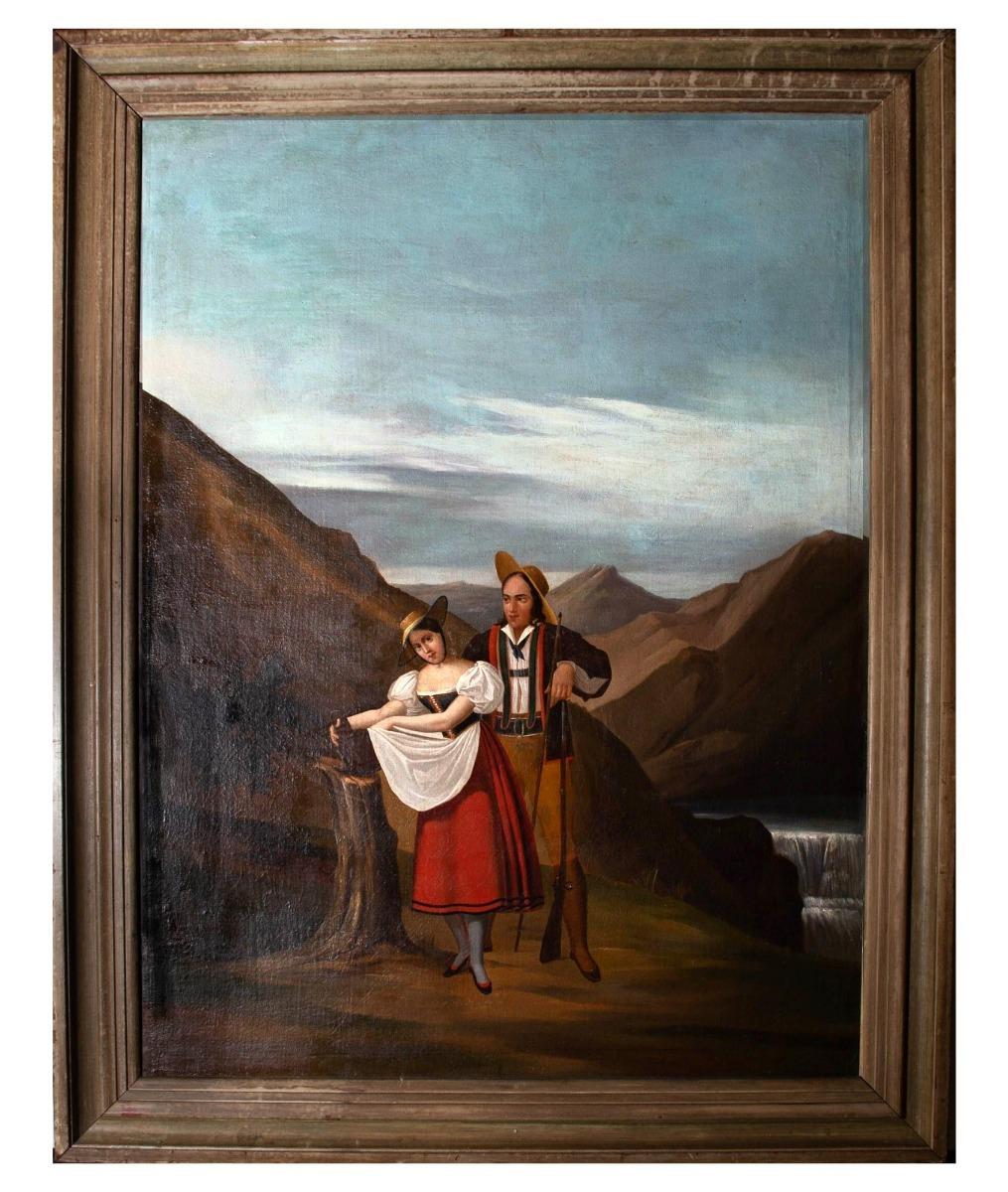 Unknown Figurative Painting - Folk Art Mid 19th Century Oil - Swiss Peasants