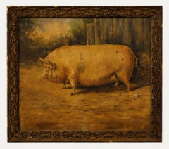 Folk Art Mid 20th Century Oil - A Prize Pig in a Sty