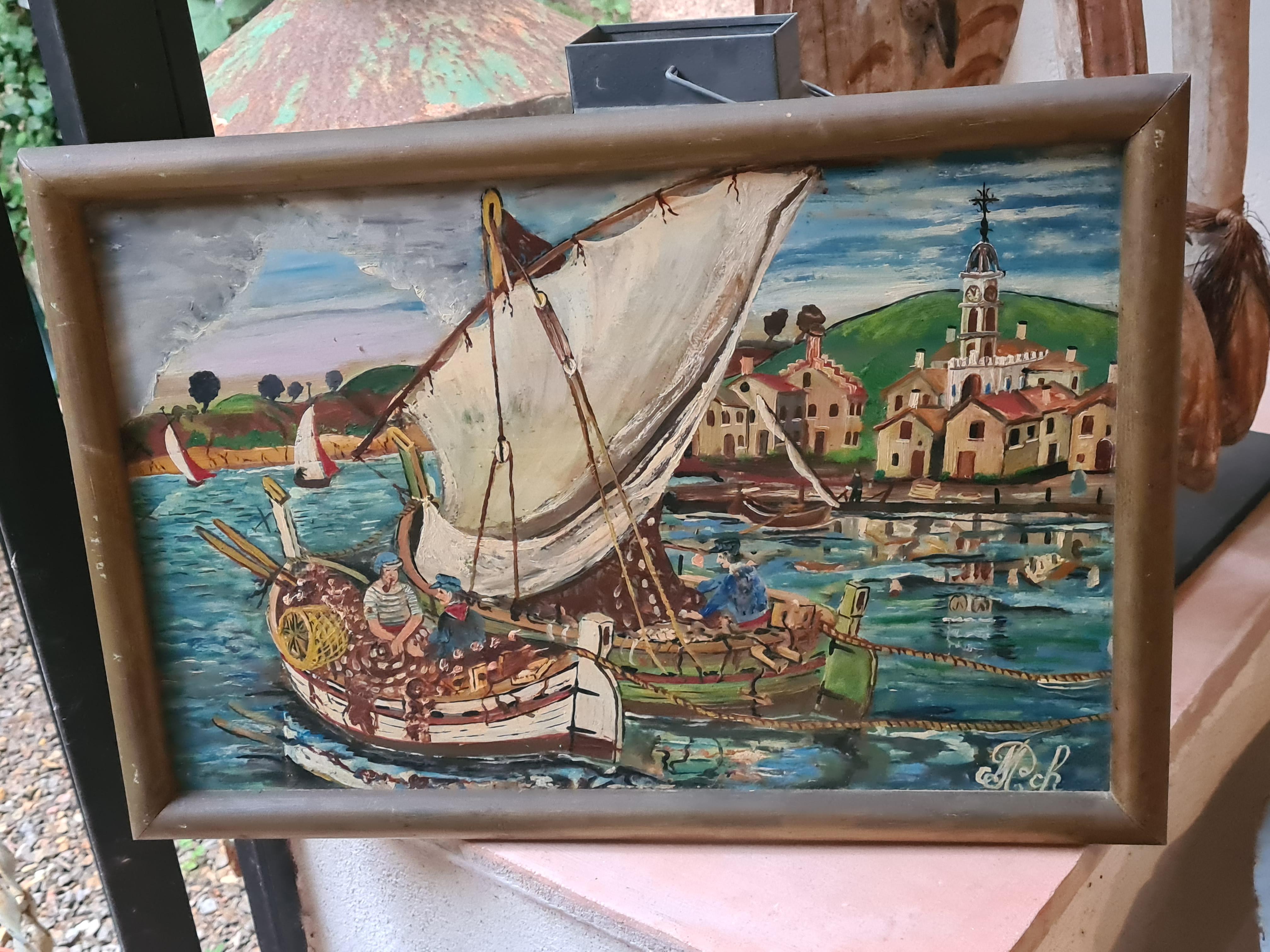 Folk Art, Naive Hafenszene mit Fischerbooten im Angebot 5