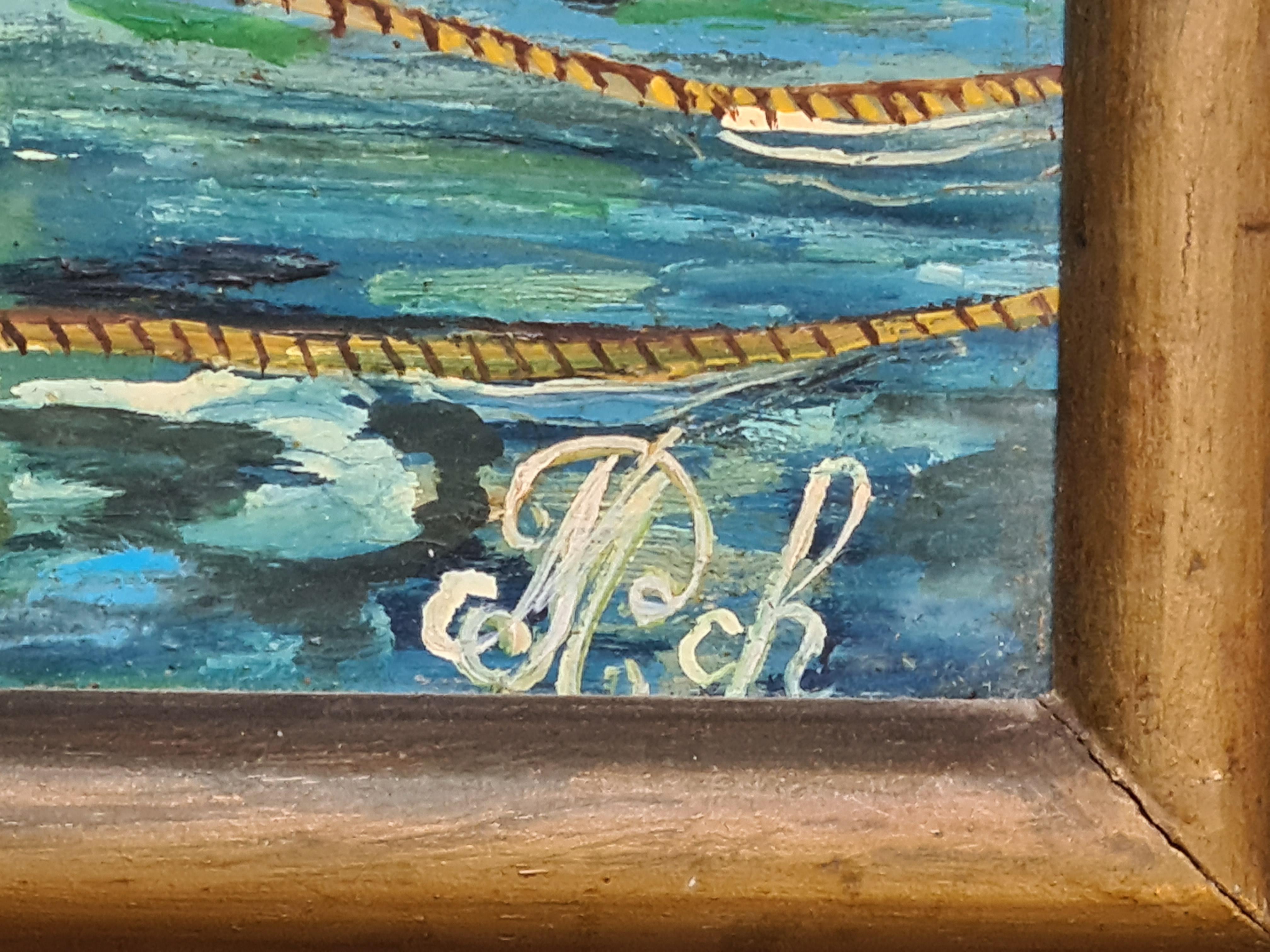 Folk Art, Naive Hafenszene mit Fischerbooten – Painting von Unknown