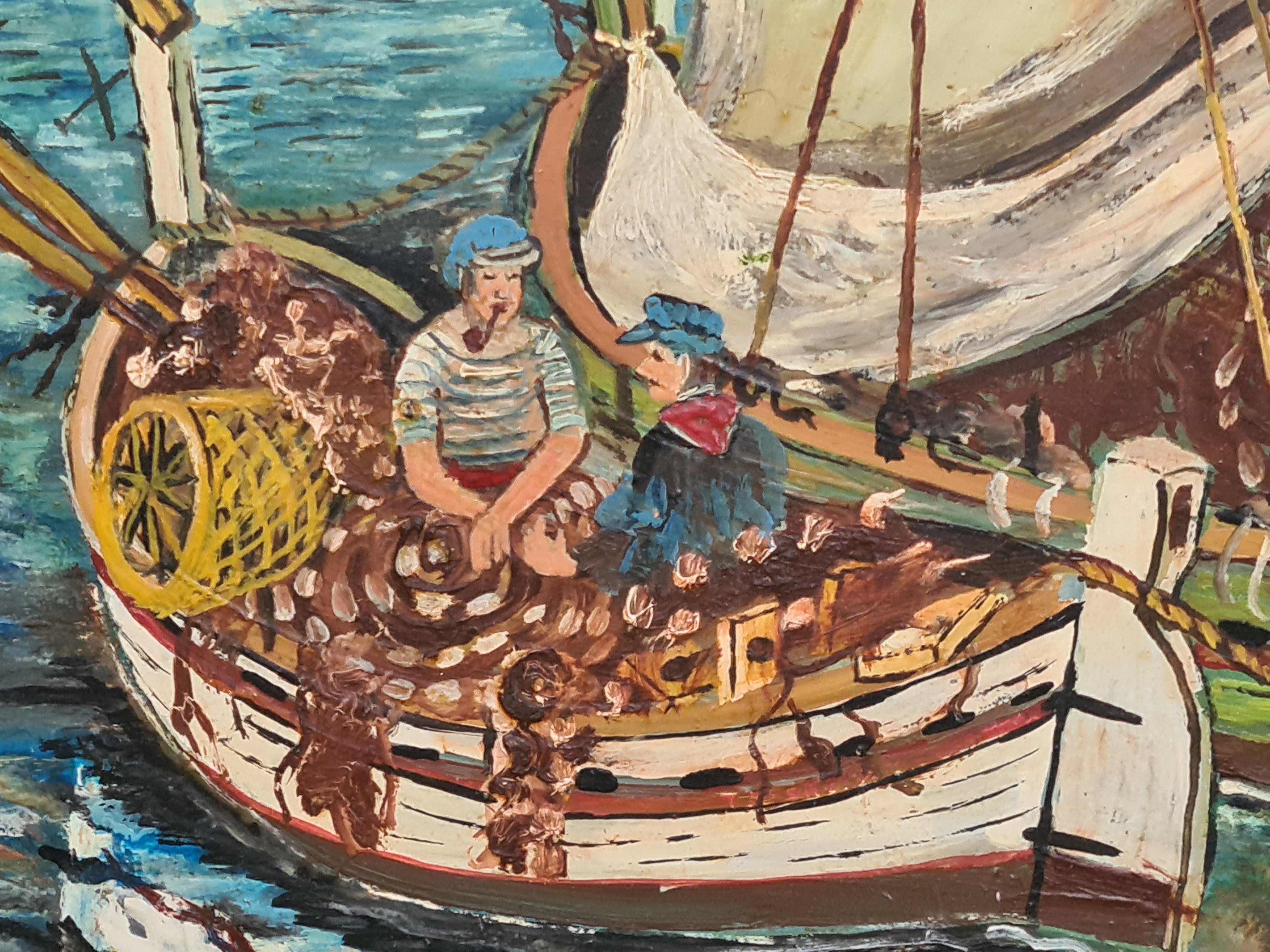 Folk Art, Naive Hafenszene mit Fischerbooten (Volkskunst), Painting, von Unknown