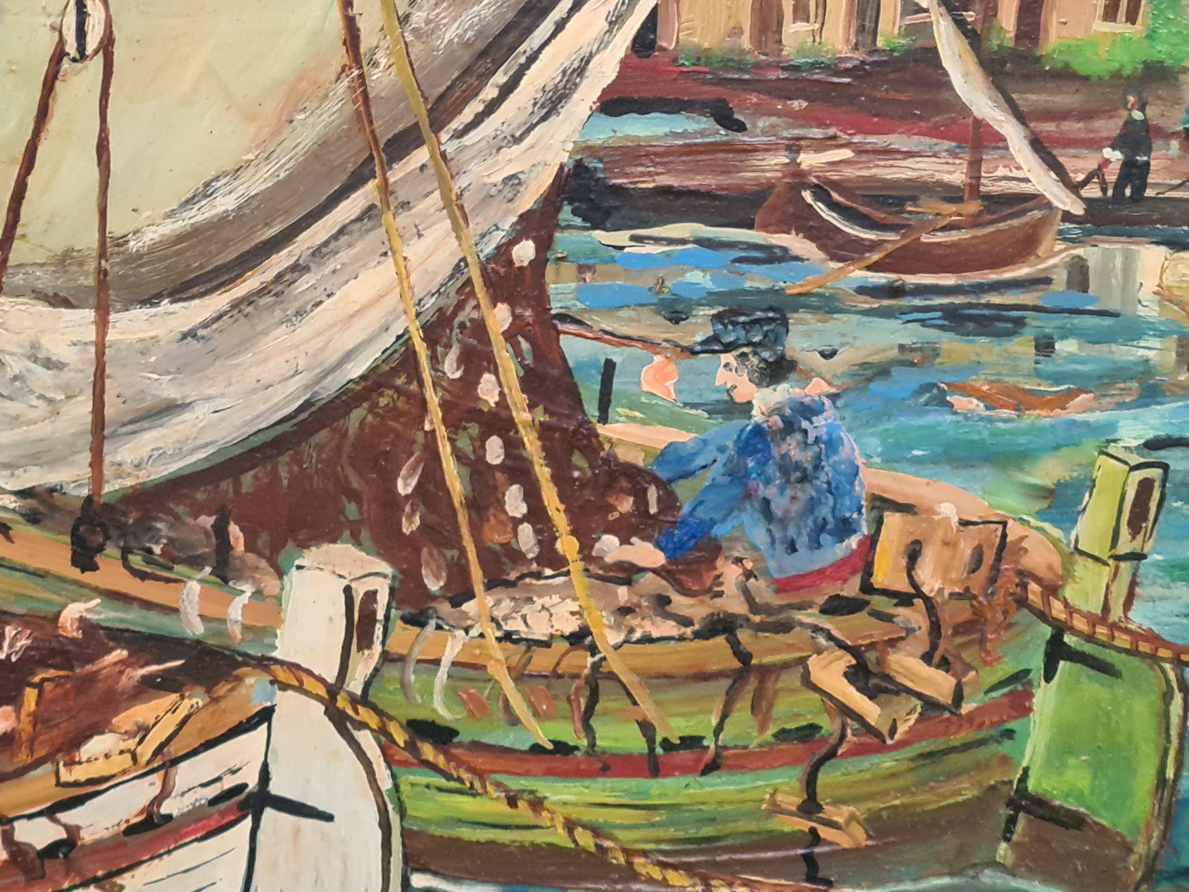 Folk Art, Naive Hafenszene mit Fischerbooten (Braun), Figurative Painting, von Unknown