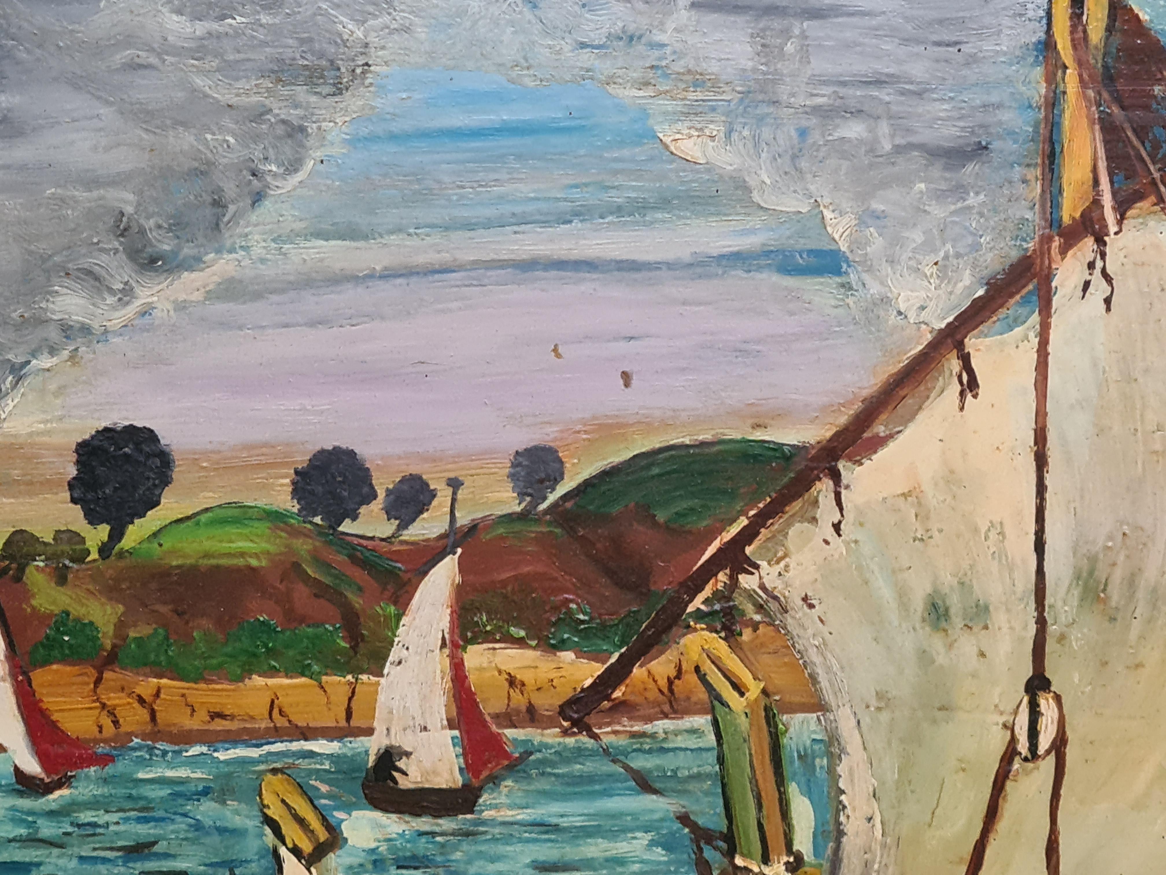 Folk Art, Naive Hafenszene mit Fischerbooten im Angebot 1
