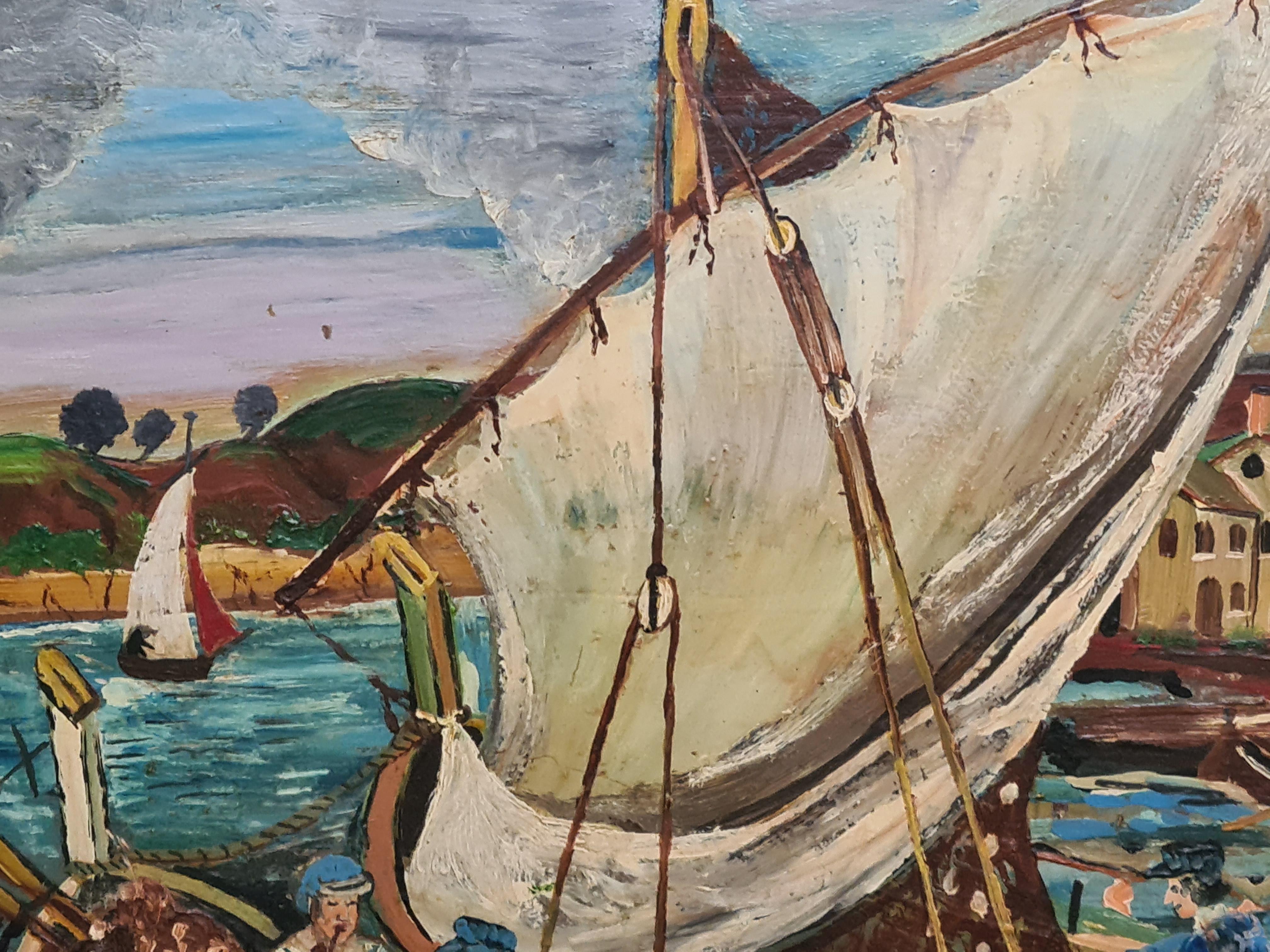 Folk Art, Naive Hafenszene mit Fischerbooten im Angebot 2