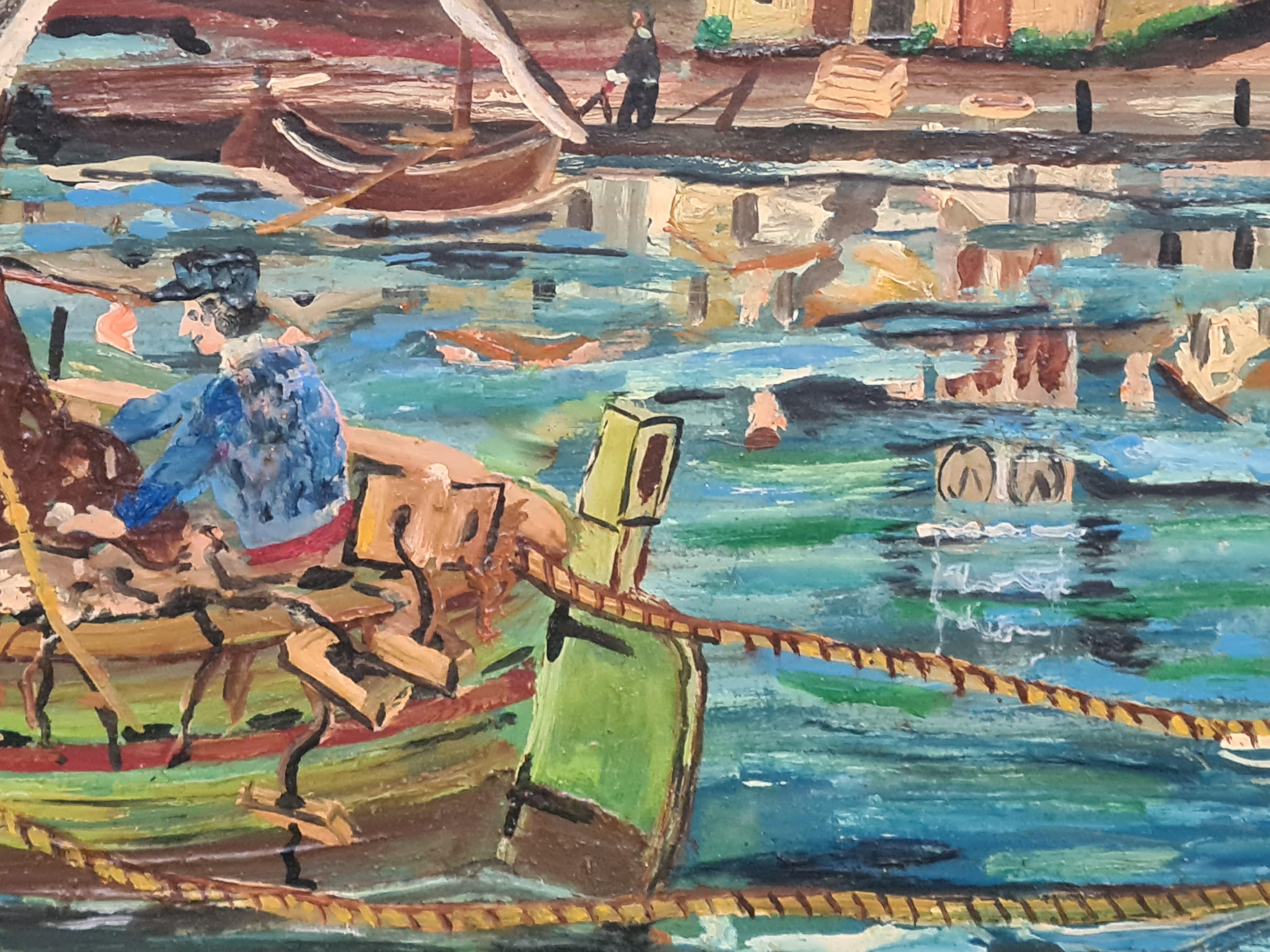 Folk Art, Naive Hafenszene mit Fischerbooten im Angebot 3