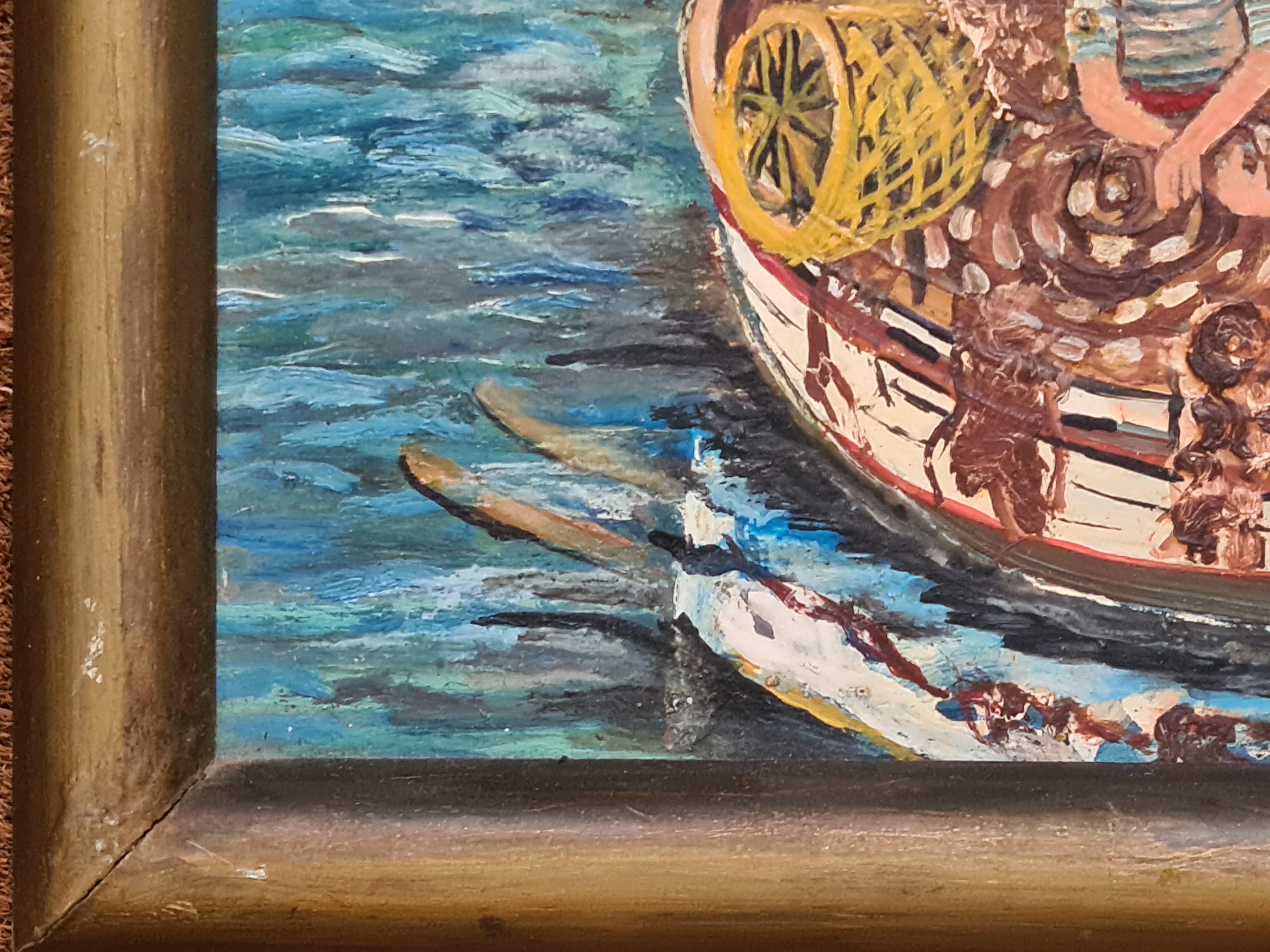 Folk Art, Naive Hafenszene mit Fischerbooten im Angebot 4