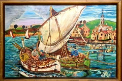 Folk Art, scena naif di porto con barche da pesca