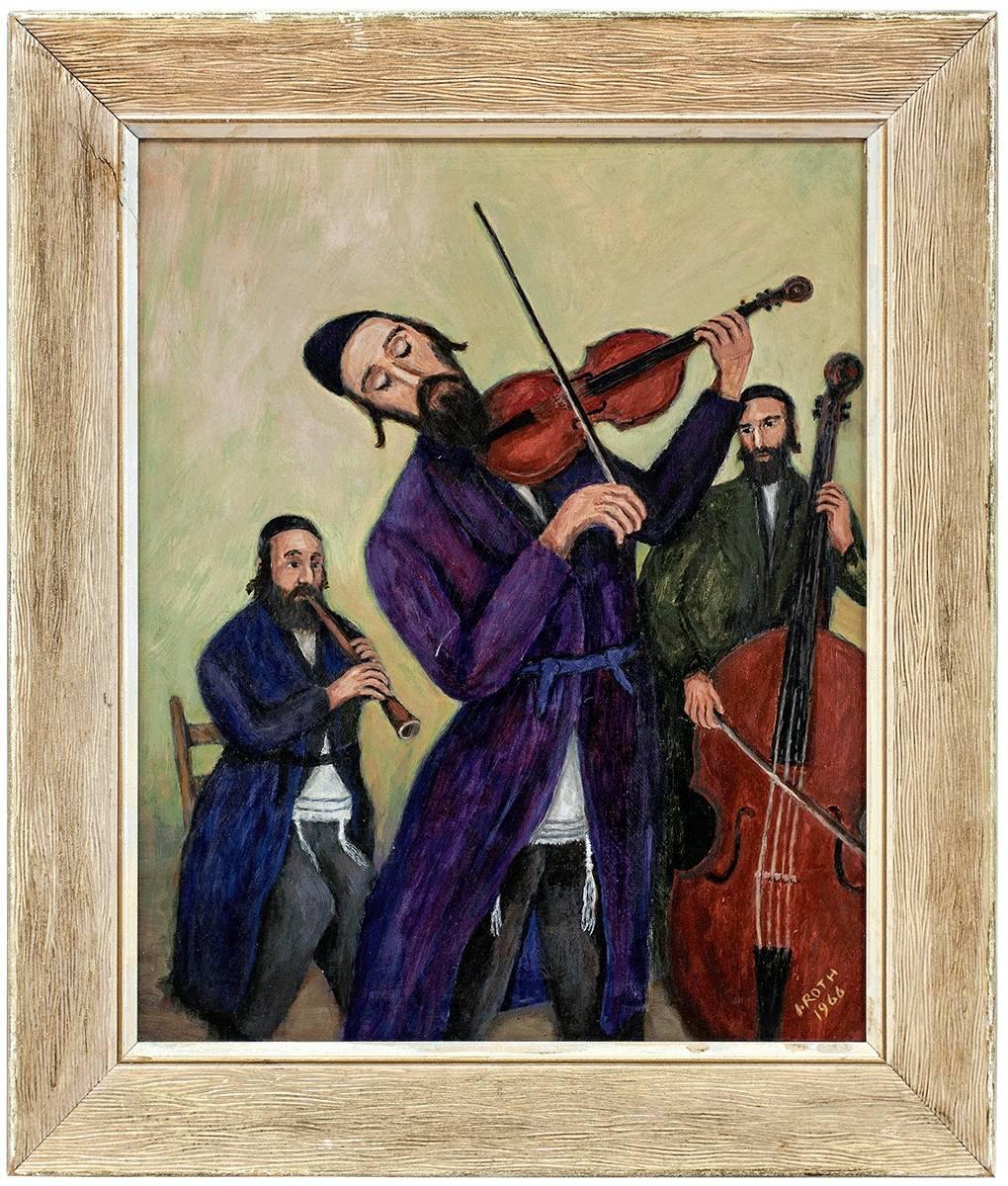 Unknown Figurative Painting - Folk Art Naive Judaica Klezmer Hasidic Musicians