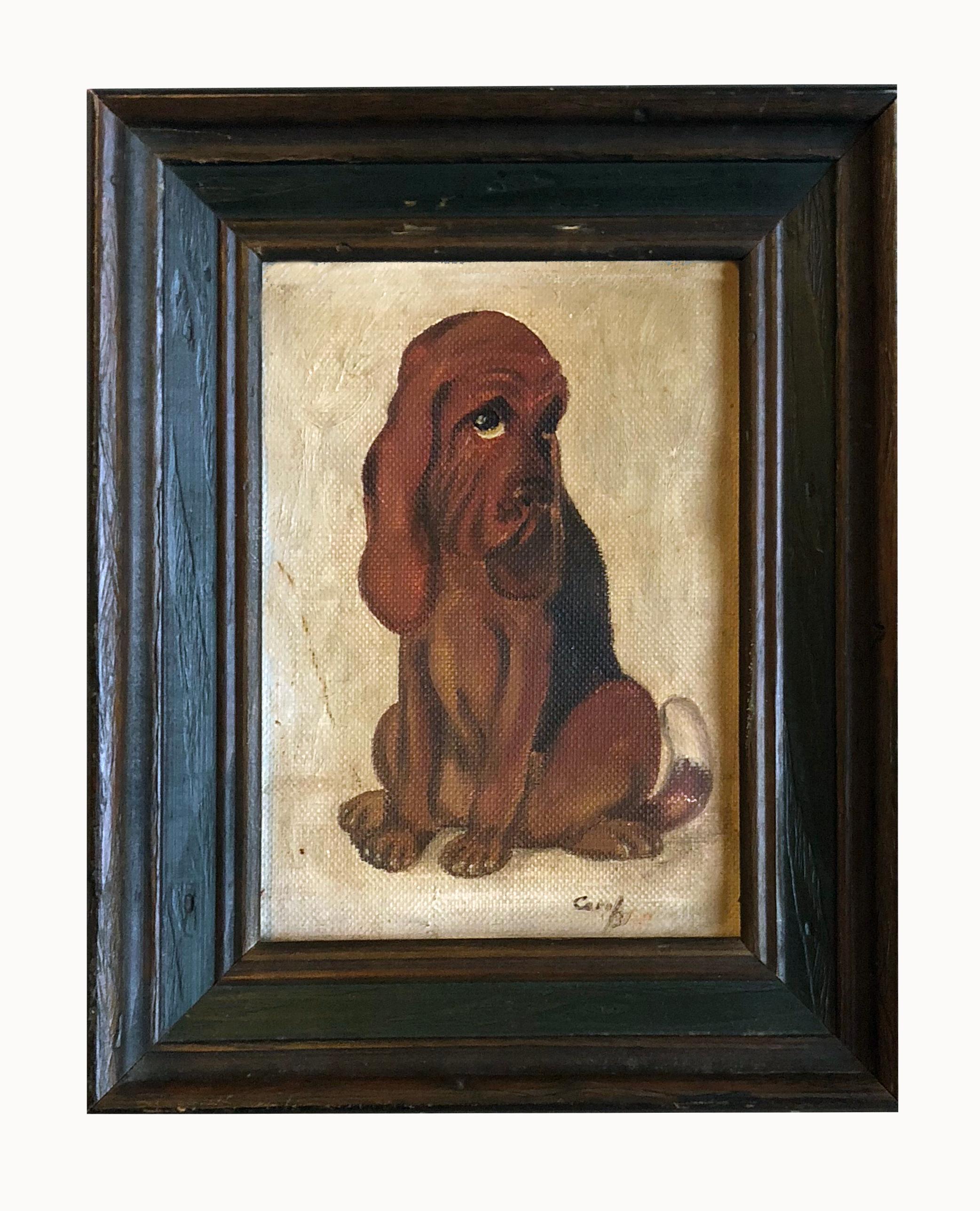 Unknown Animal Painting - Folk Art Portrait of a Bloodhound Puppy
