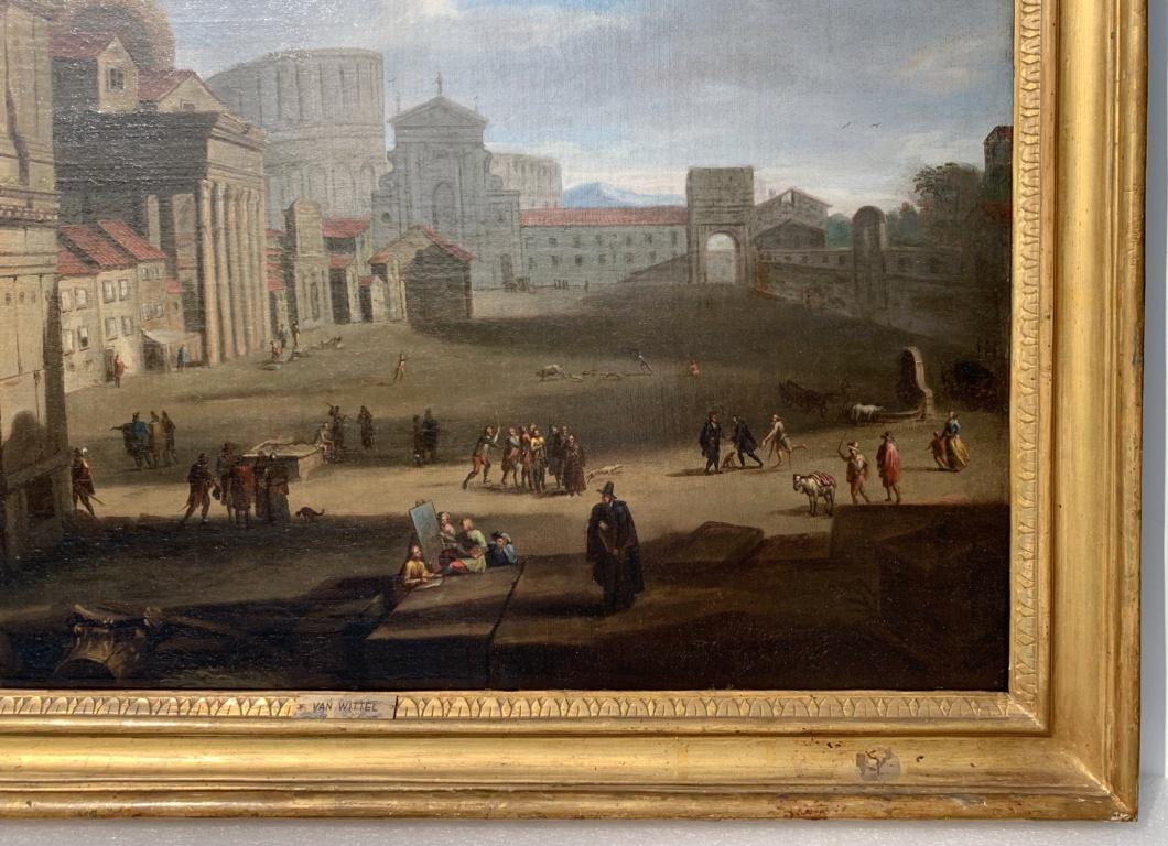 Roman master (17th-18th century) - Rome, view with architectures and Colosseum.

71 x 92 cm without frame, 88 x 110 cm with frame.

Oil on canvas, in carved and gilded wooden frame.

-The painting can be placed in the circle of Gaspar Van Wittel,