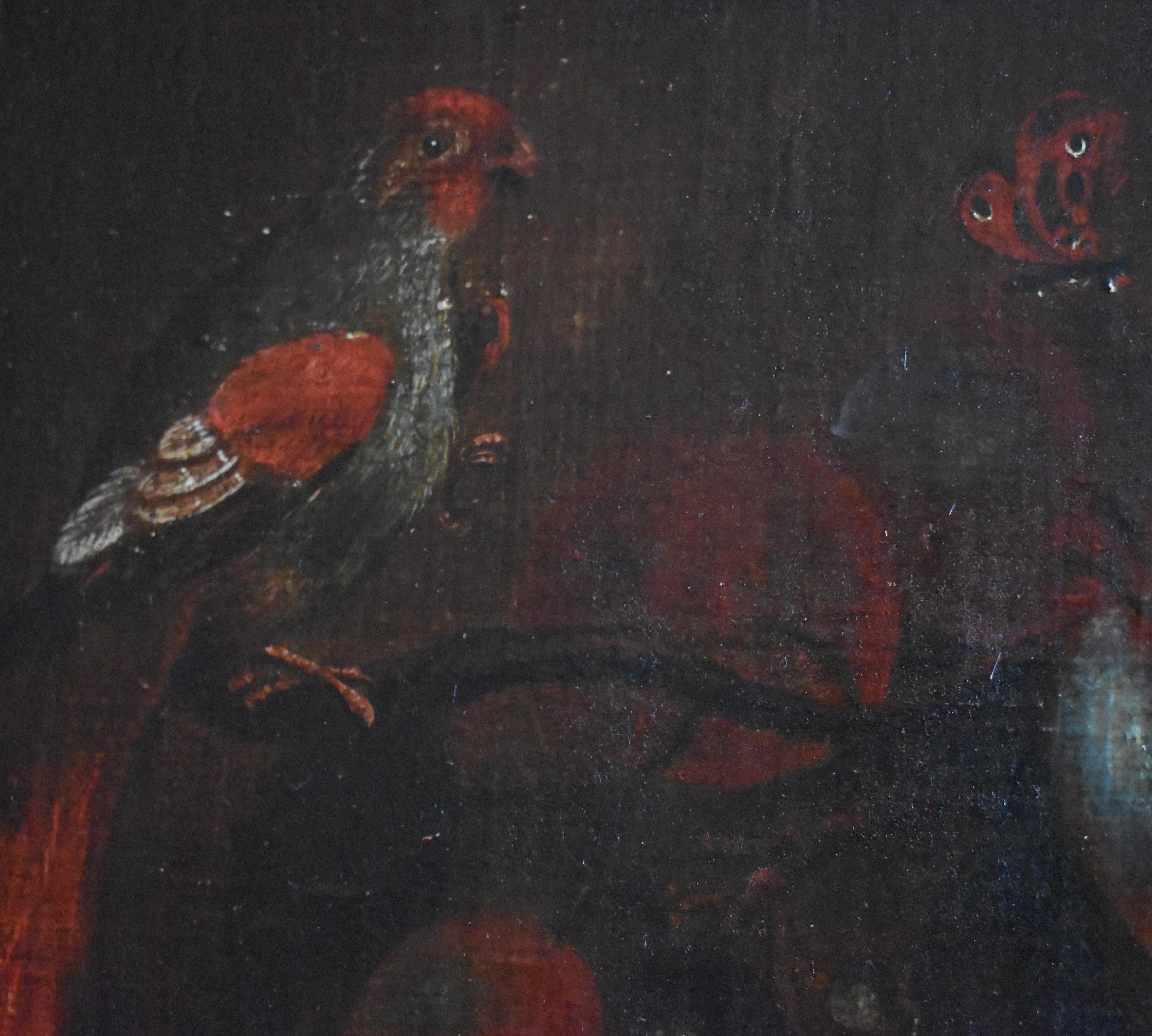 Seguidor de Adriaen Coorte (1665-1707) Bodegón del siglo XVIII c1795

Un suntuoso bodegón que representa melocotones, uvas, ciruelas, aves exóticas y mariposas al estilo de  Adriaen Coorte. Está pintada al óleo sobre papel y luego pegada a un panel