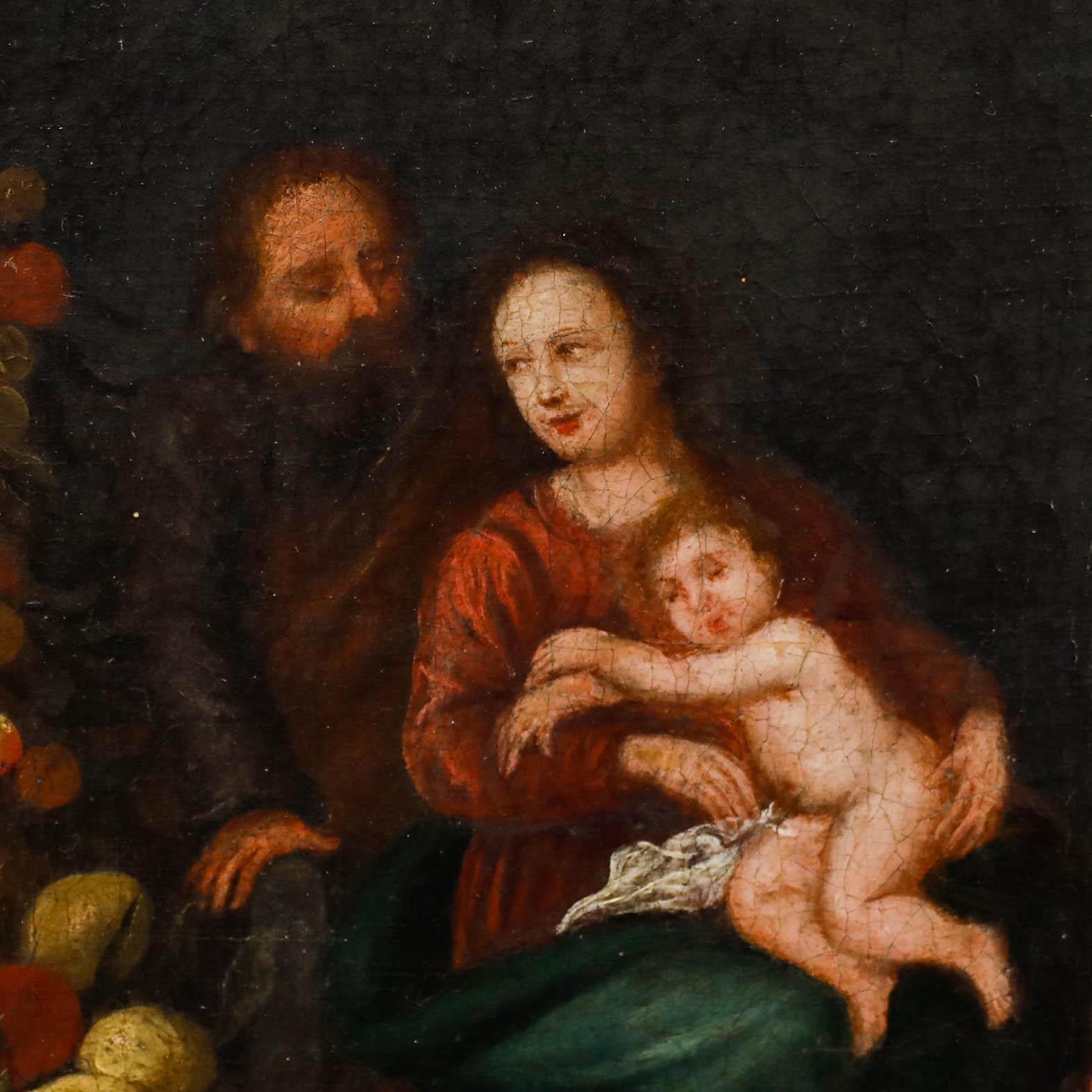Un bellissimo esempio di dipinto a ghirlanda della Flemish School, 17th Century, che raffigura Joseph, la Vergine Maria e Cristo.

Questo particolare genere è emerso ad Anversa, spesso come collaborazione tra un pittore di nature morte e un pittore
